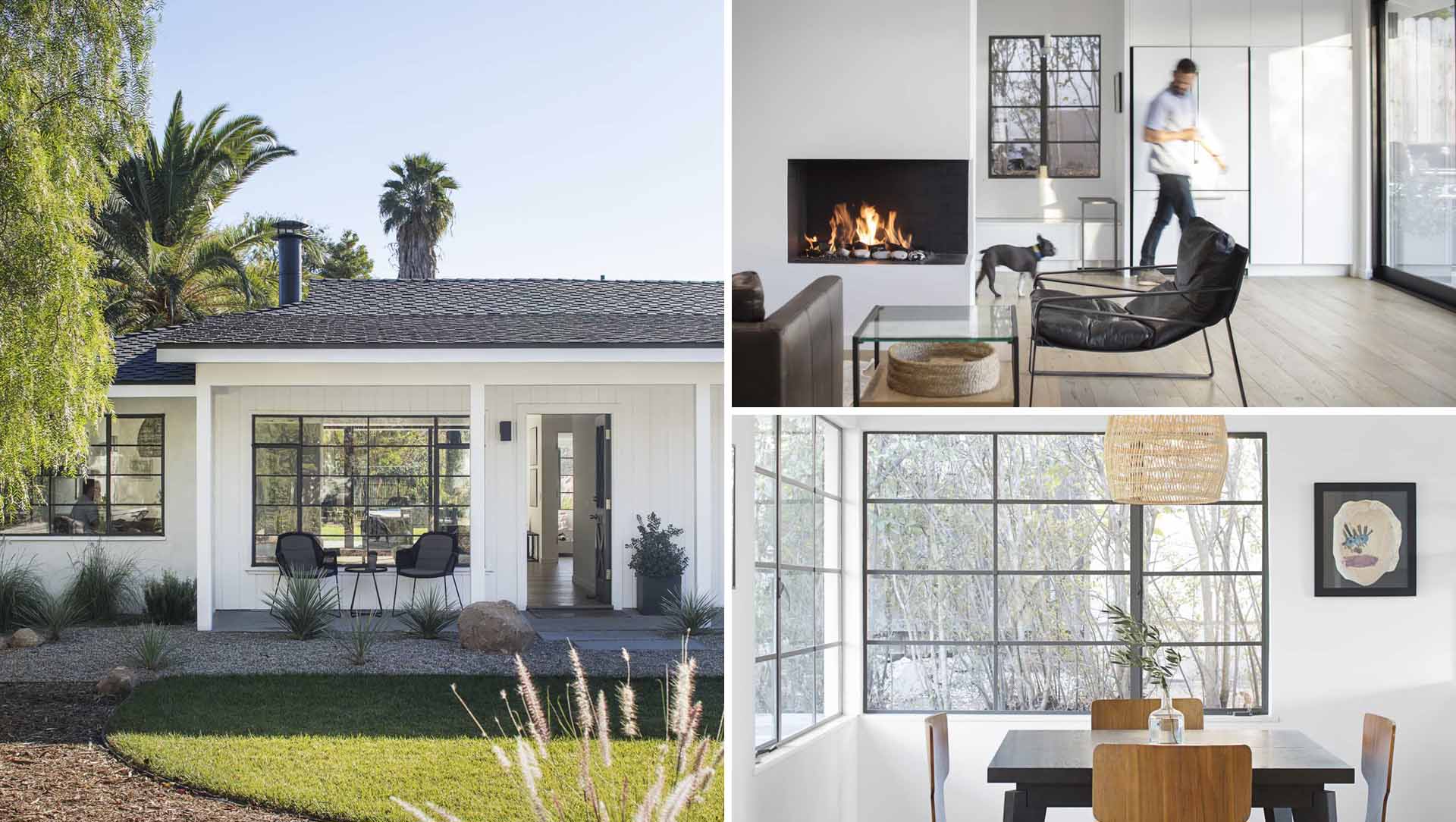 A renovated ranch home with a black and white colour palette.