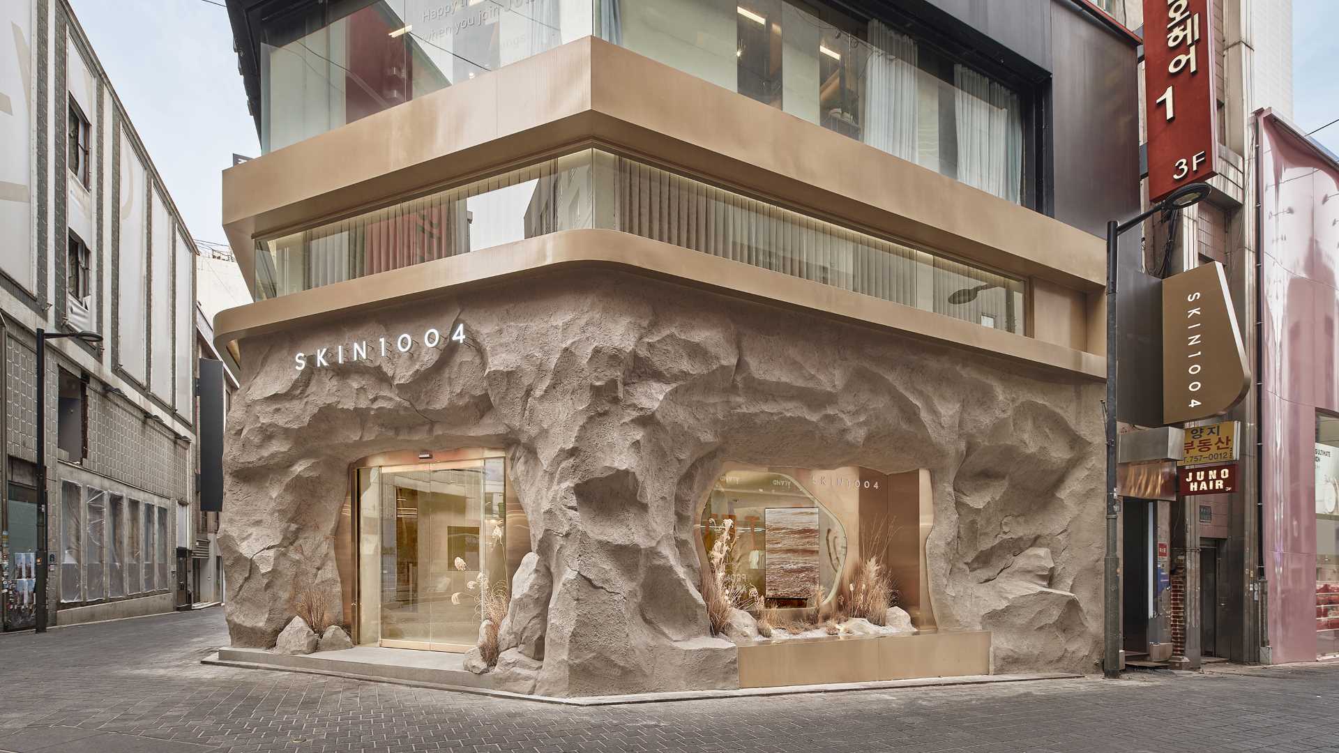A new skincare boutique in Seoul, South Korea, that has a rock-inspired facade.