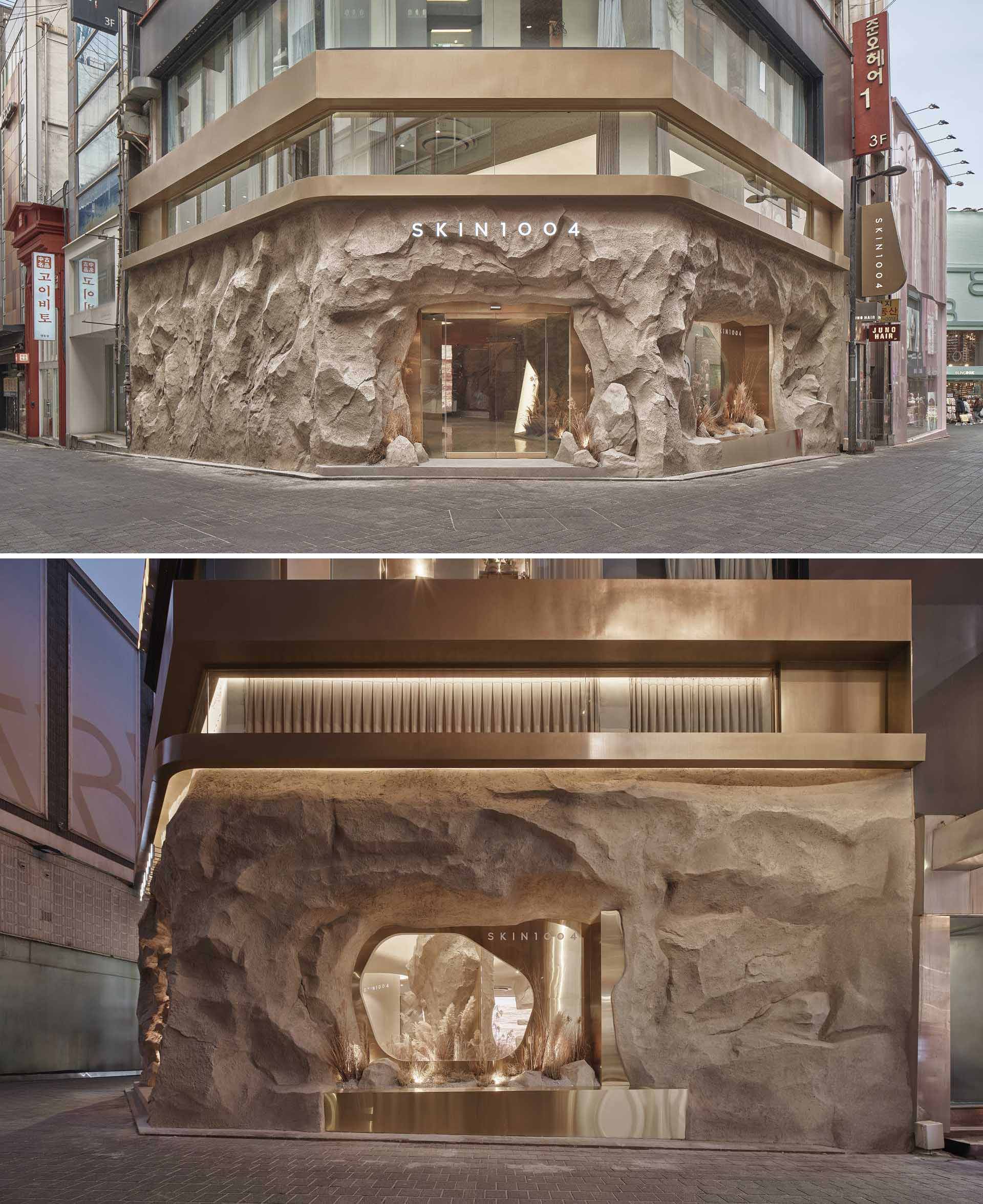 A new skincare boutique in Seoul, South Korea, that has a rock-inspired facade.