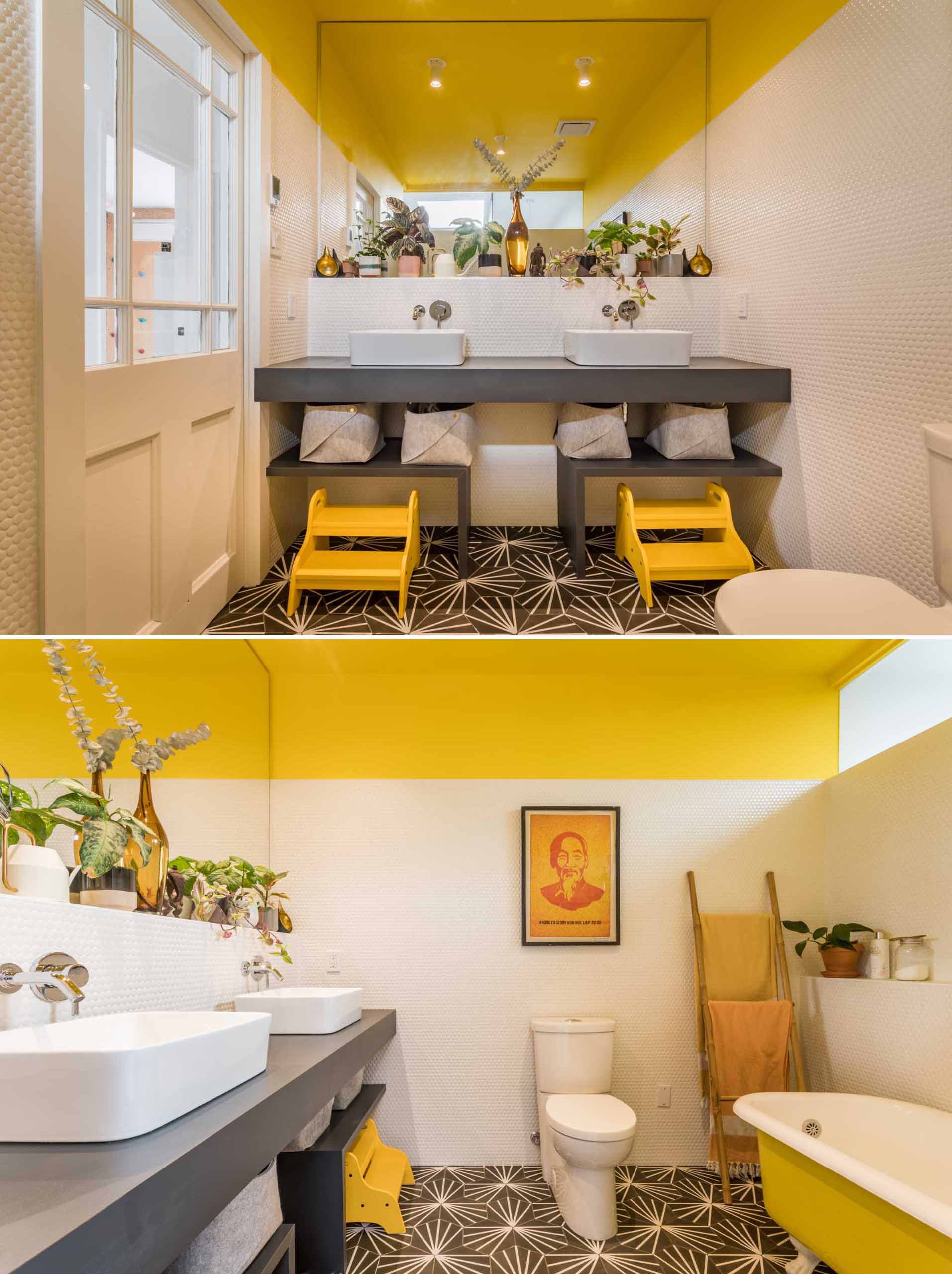 Yellow and white have been c،sen for the color palette of this modern bathroom, while black and white tiles cover the floor.