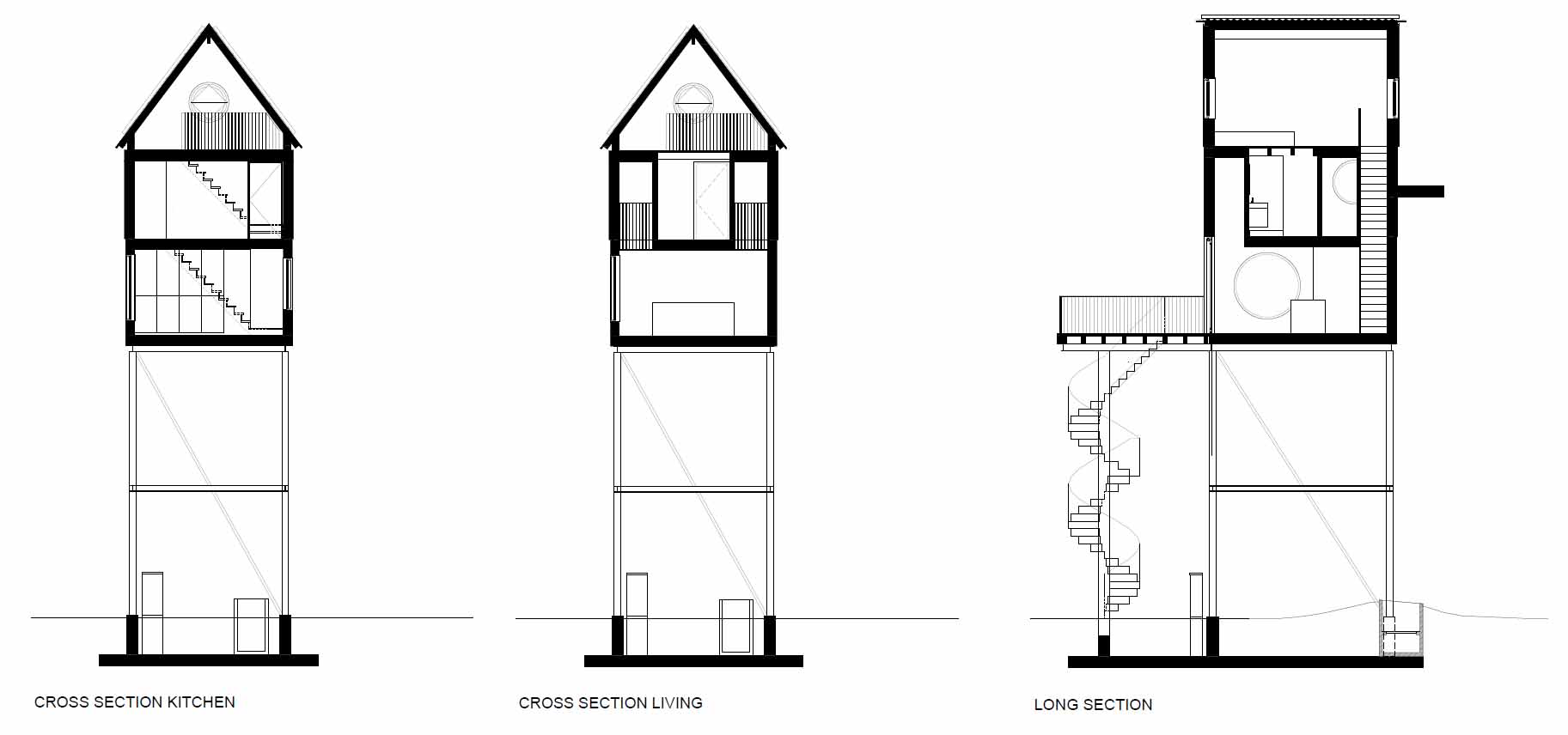 The section drawings of a small elevated cabin.