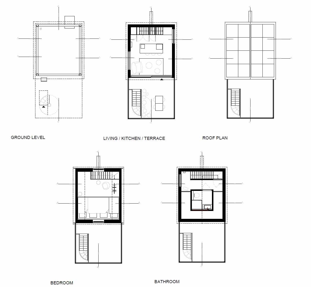 The floor plans of a small elevated cabin.