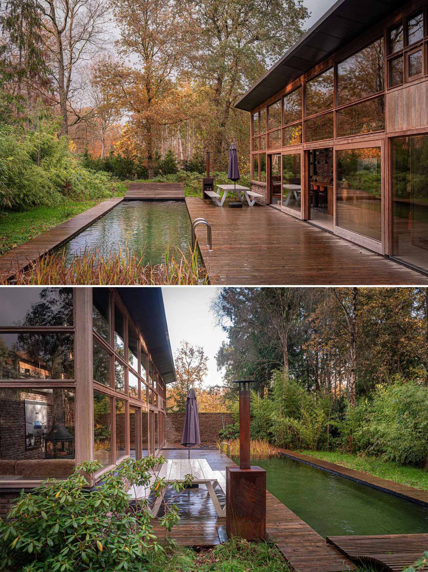 A modern home with rough and rugged materials like bricks and wood, also has a natural swimming pool.