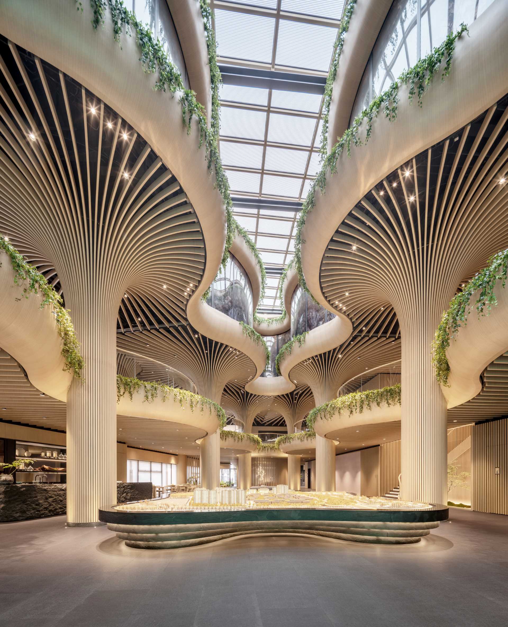 A modern building whose design has been inspired by trees.