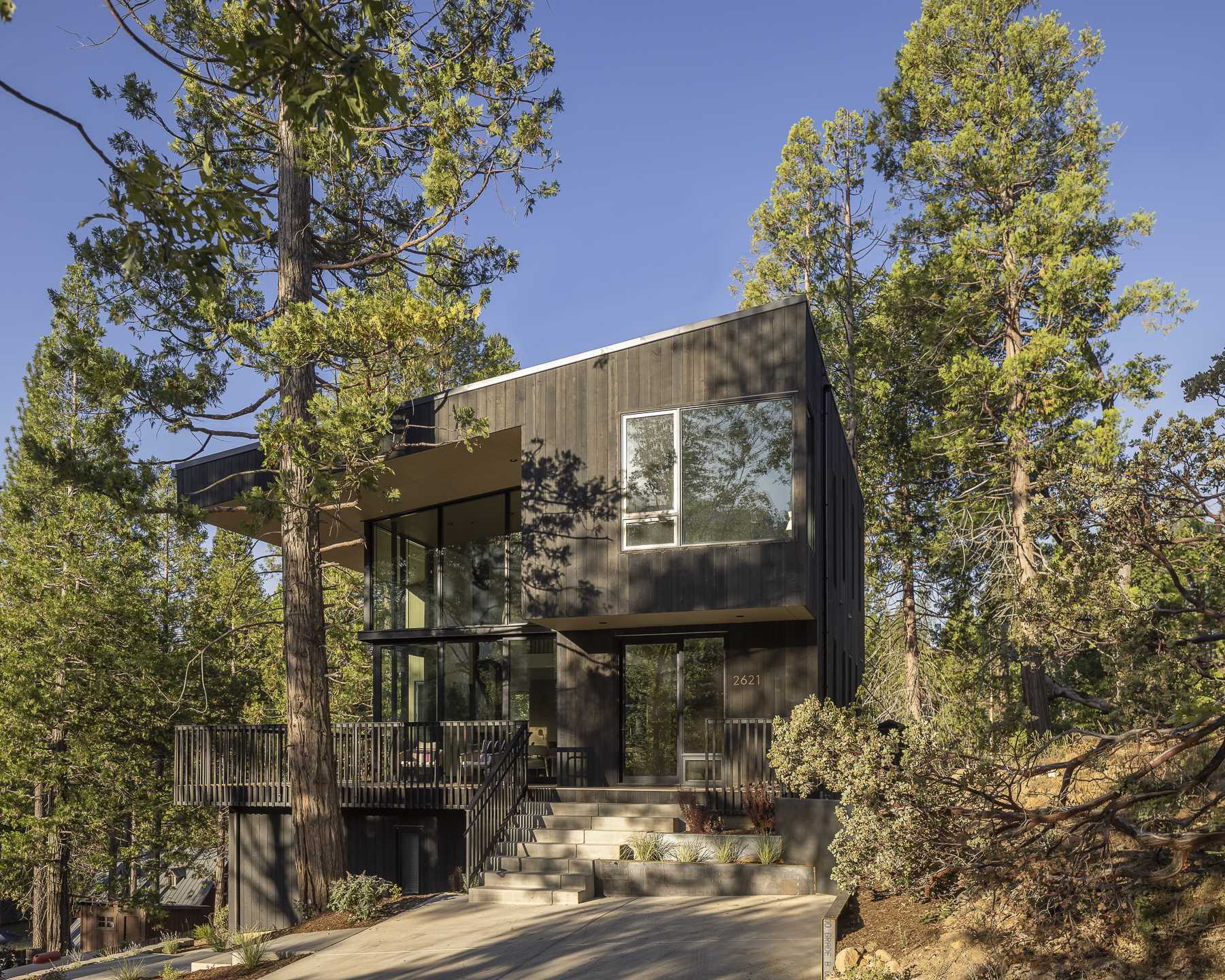 Dark vertical wood siding was chosen as the primary exterior cladding to “camouflage” this home and allow it to blend into the environment as much as possible.