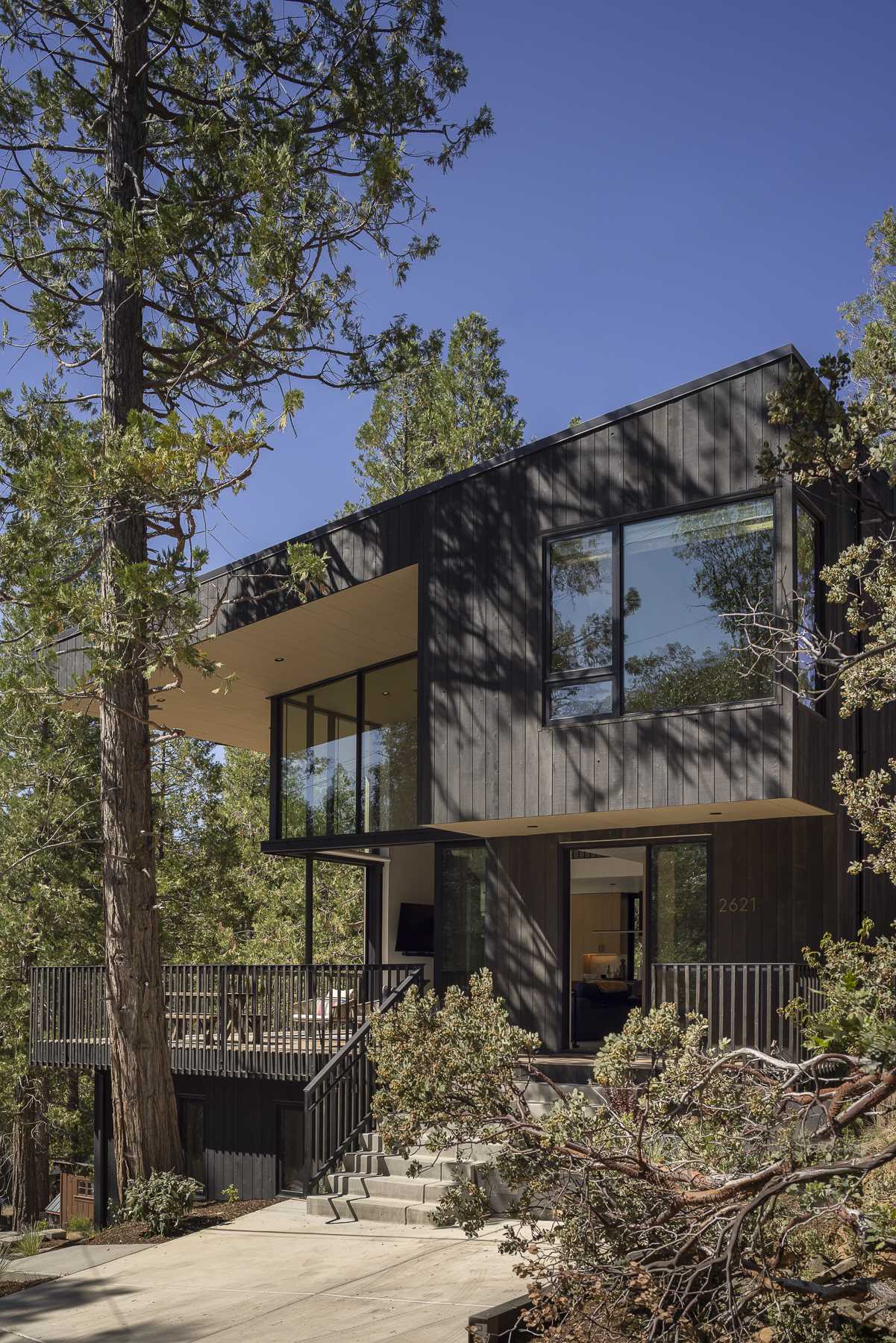 Dark vertical wood siding was chosen as the primary exterior cladding to “camouflage” this home and allow it to blend into the environment as much as possible.