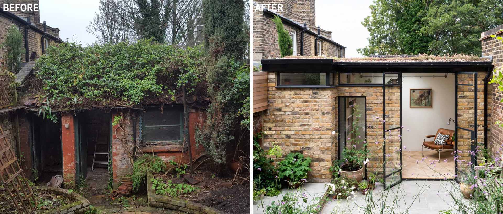 A new garden studio for a writer that includes a green roof, sitting area, built-in shelving, and a bathroom.