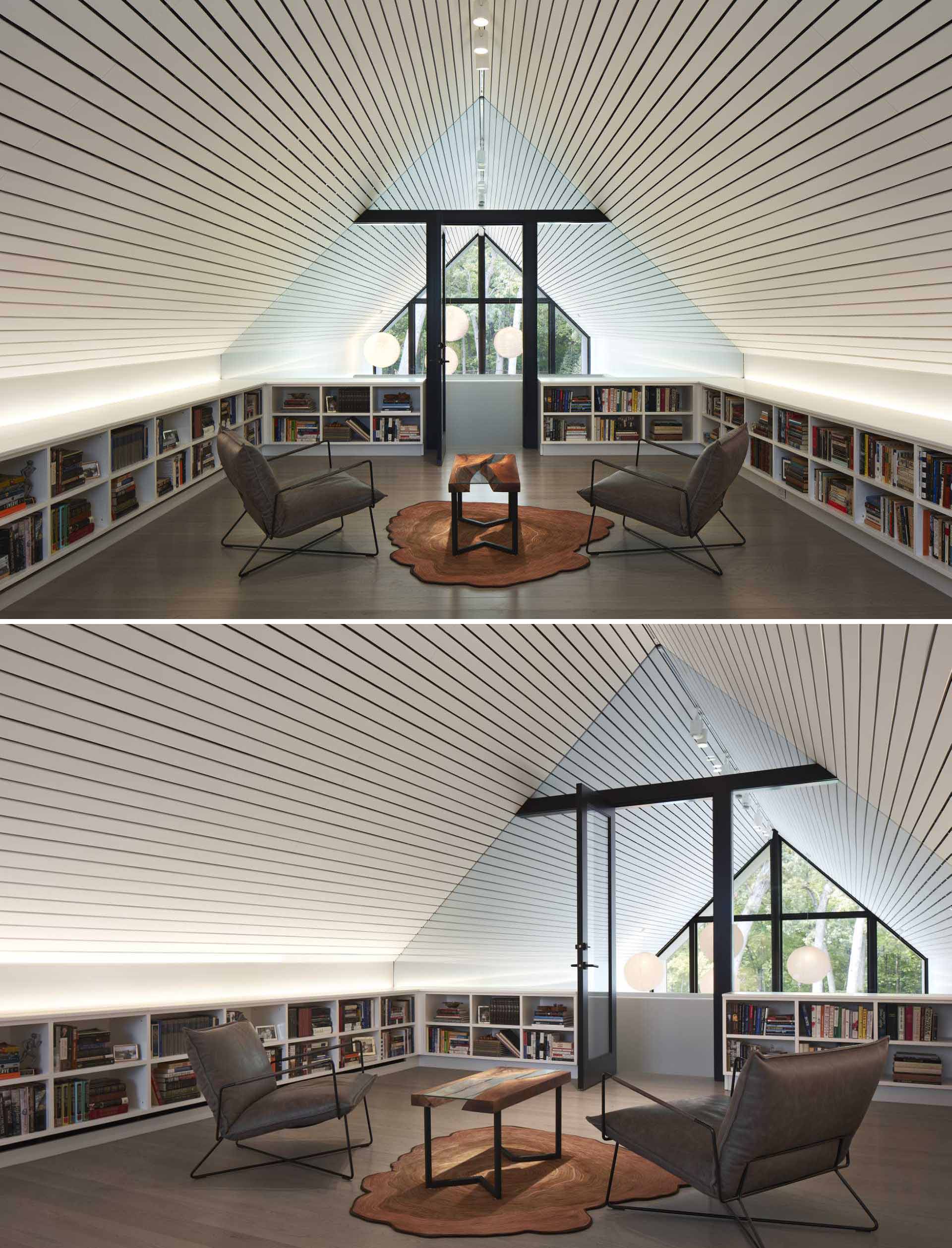 В этой домашней библиотеке низкие книжные шкафы выравнивают пространство, а скрытое освещение создает мягкое свечение комнаты.