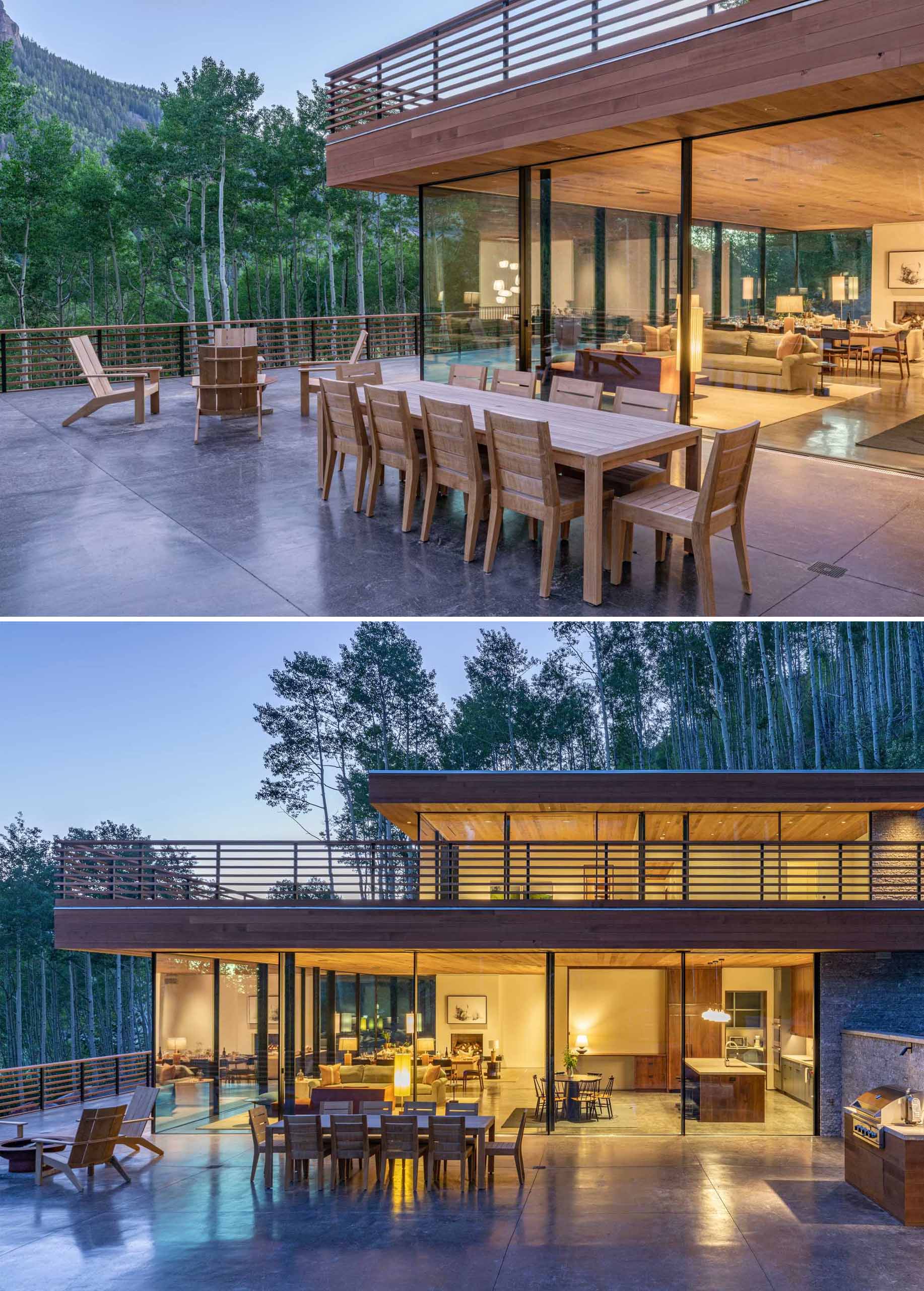 Sliding glass doors open the living spaces to the outdoor decks that are furnished with a table for outdoor dining, a fire bowl with surrounding seating, and a BBQ.