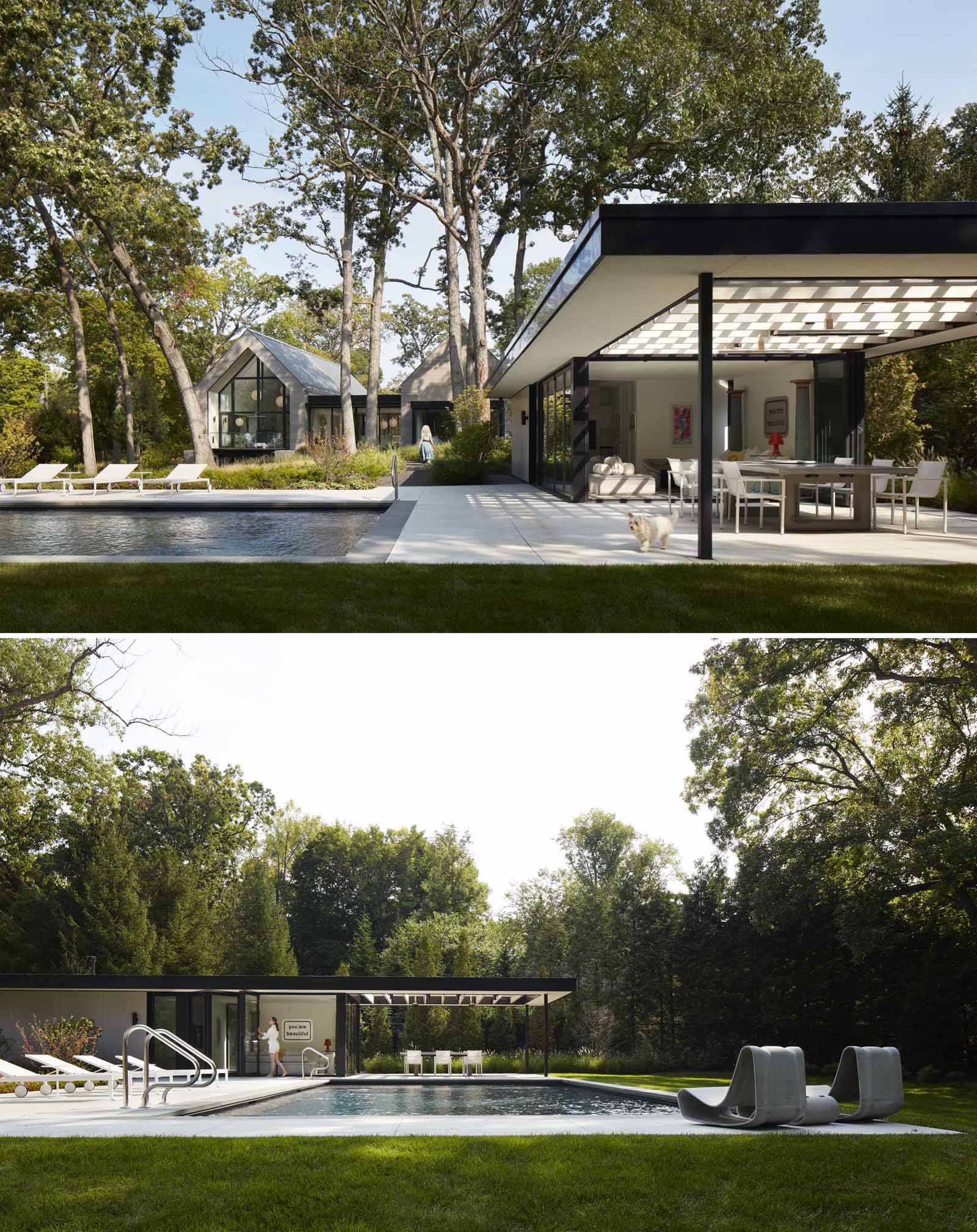 The outdoor entertaining area of this modern house includes a swimming pool and a pool house with a dining area and lounge.