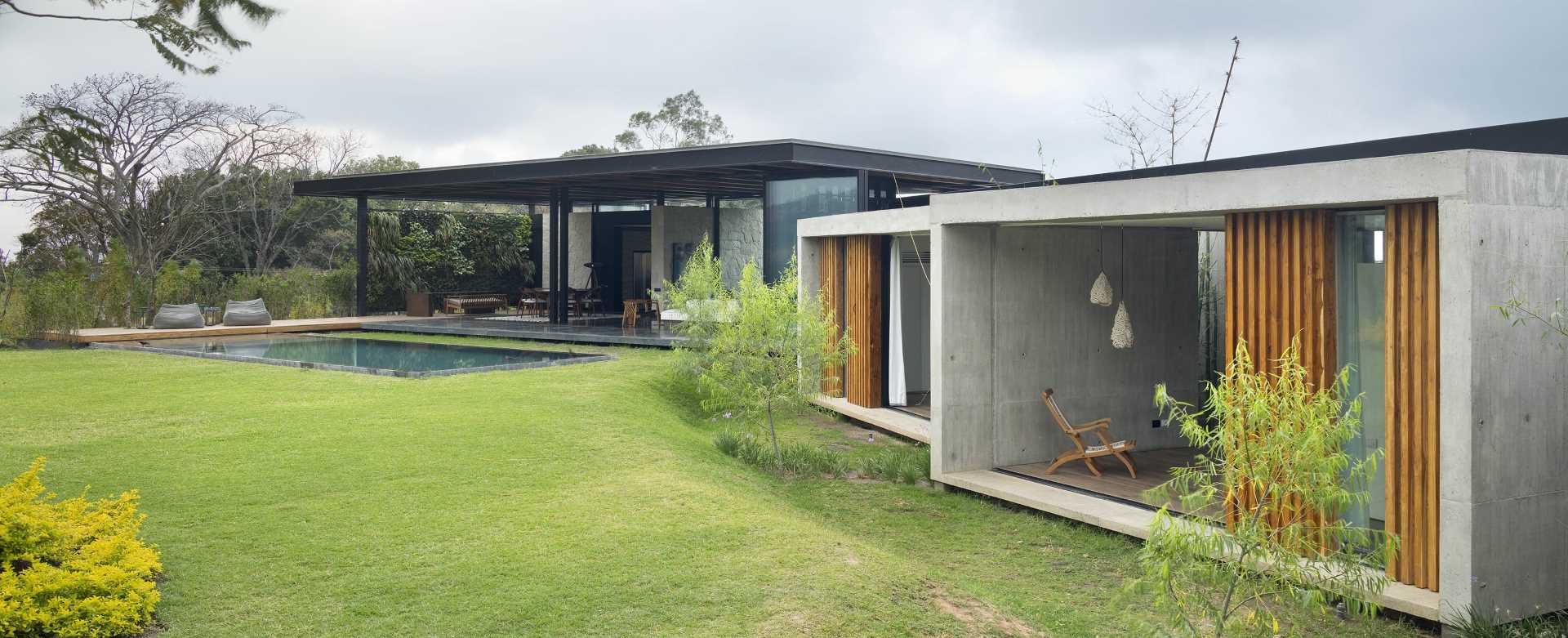 A modern house with a swimming pool.