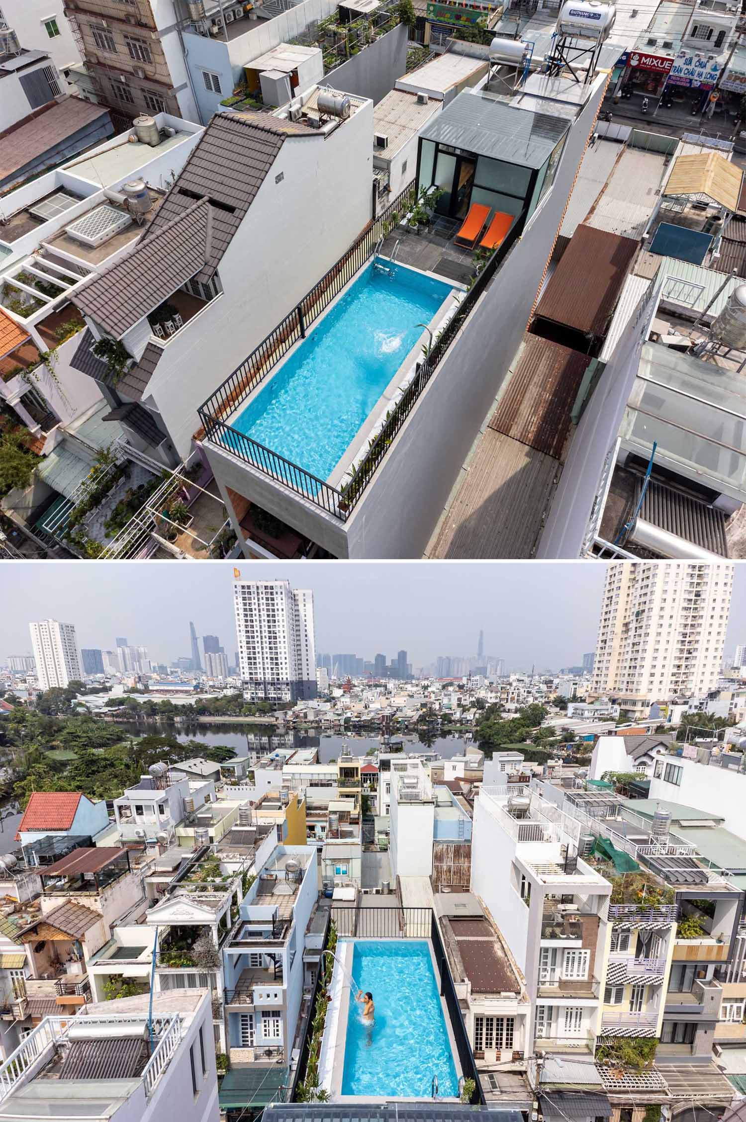 The rooftop terrace of this tall and skinny home, is equipped with a laundry area and a small swimming pool with views of the city center.