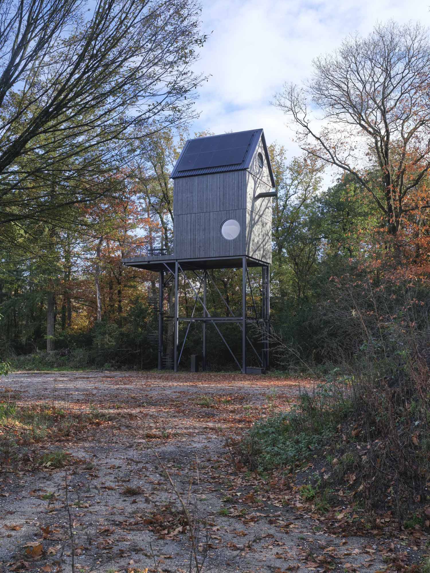A small cabin that's designed as a multi-level elevated bird house.
