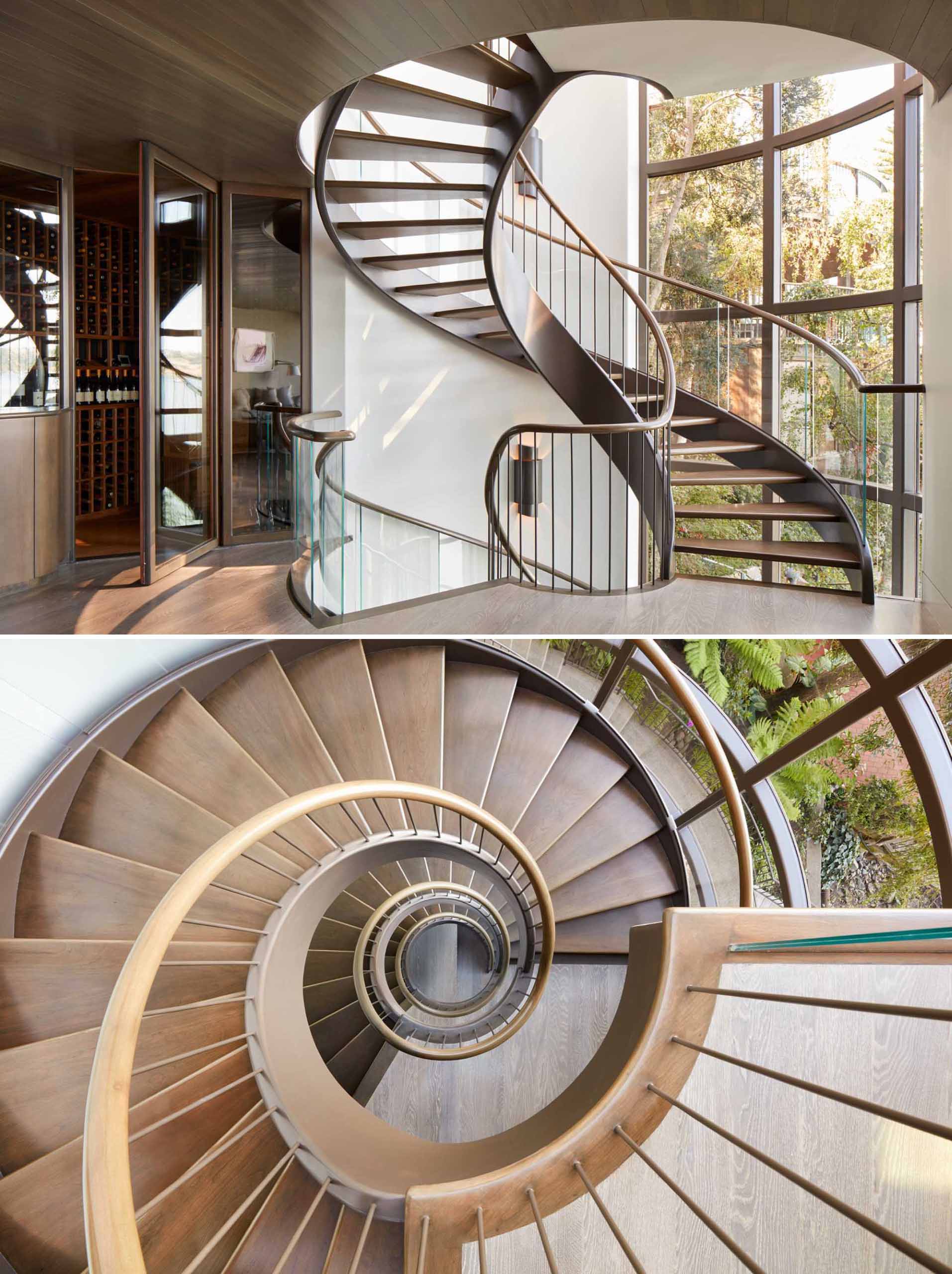 A contemporary home with spiral staircase.