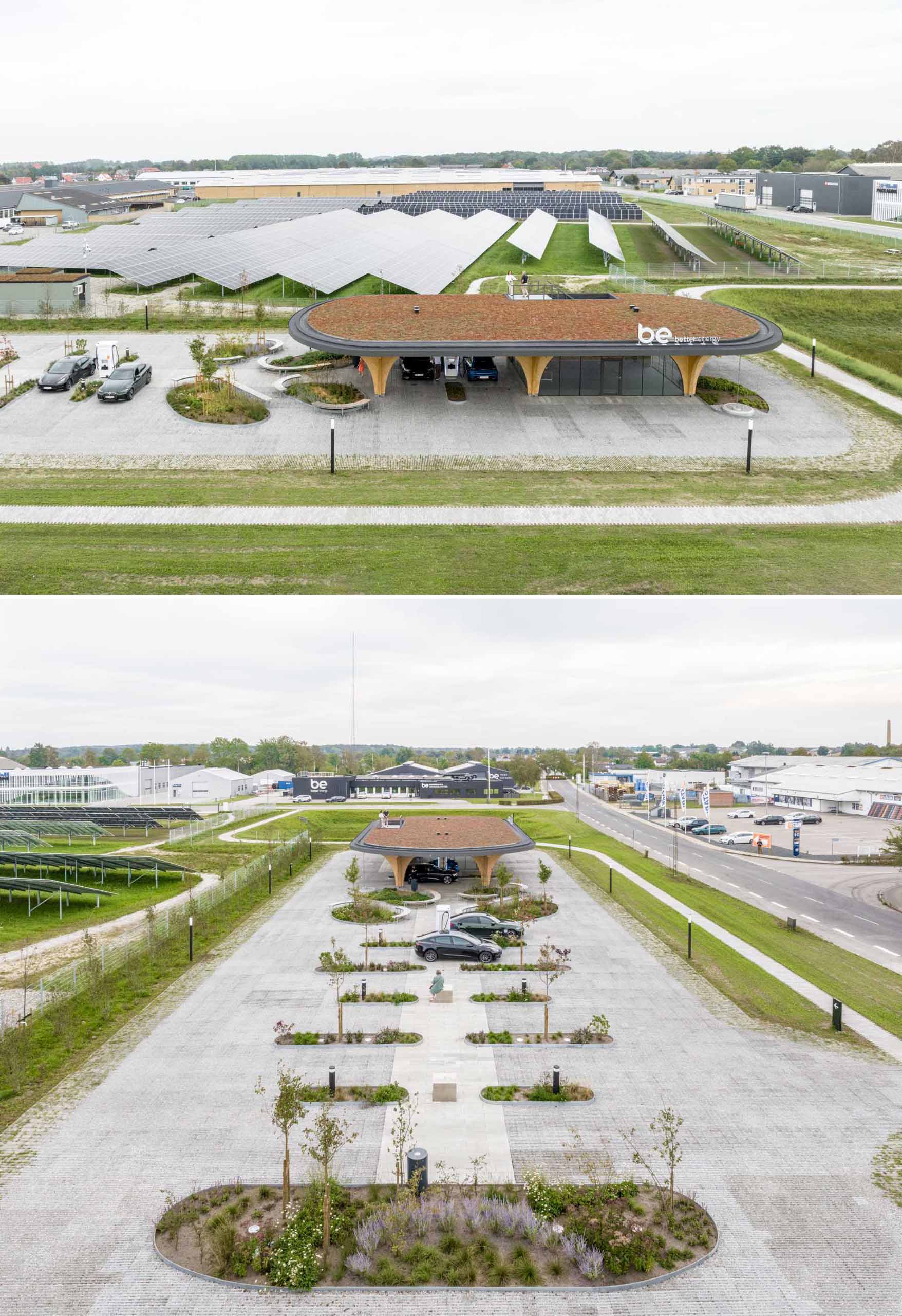 A contemporary charging park features an exposed wood structure and a park with native plants.