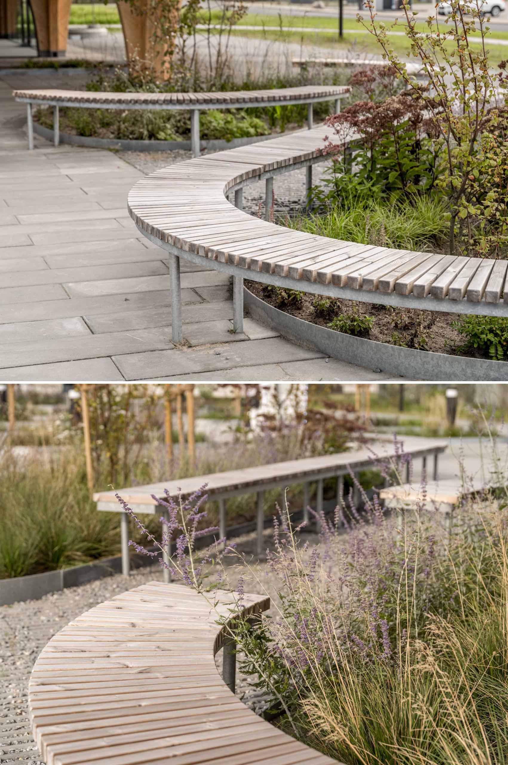 A contemporary charging park features an exposed wood structure and a park with native plants.