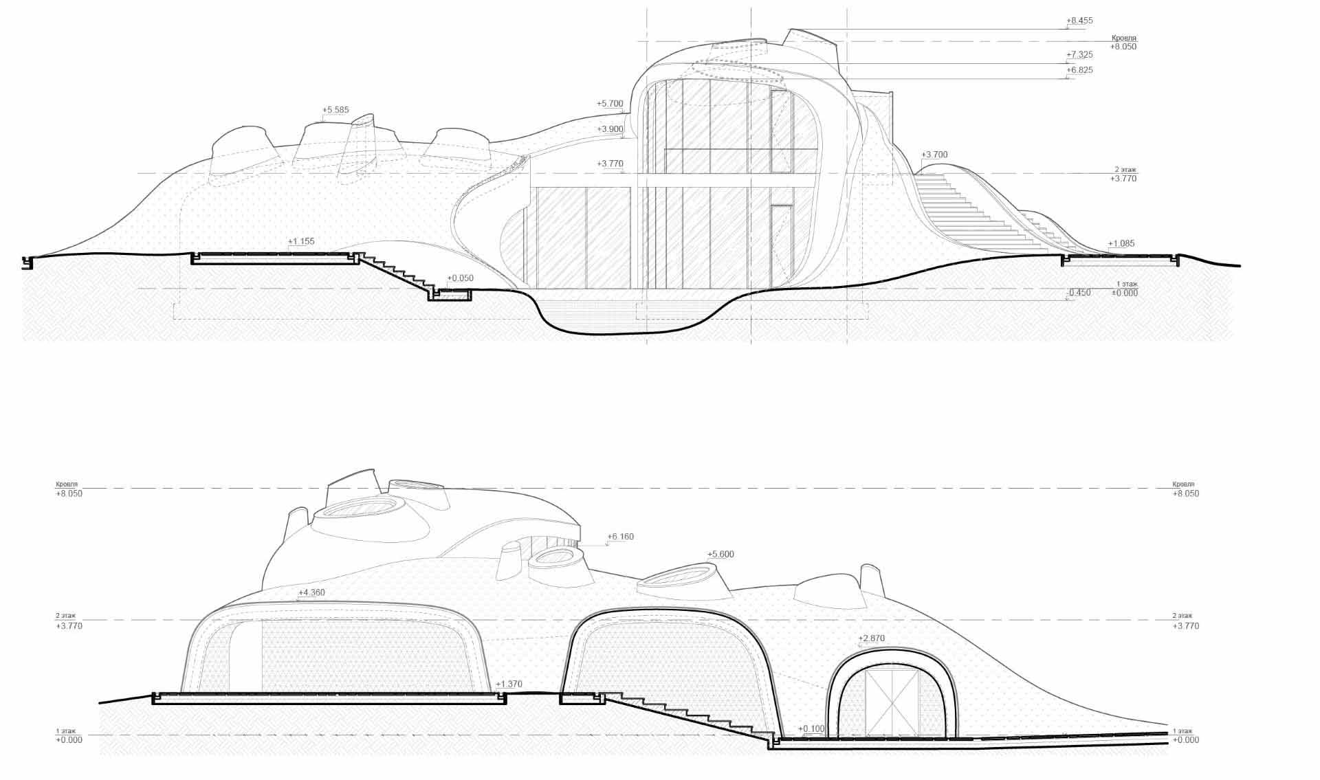 Architectural drawings of a modern sculptural home.