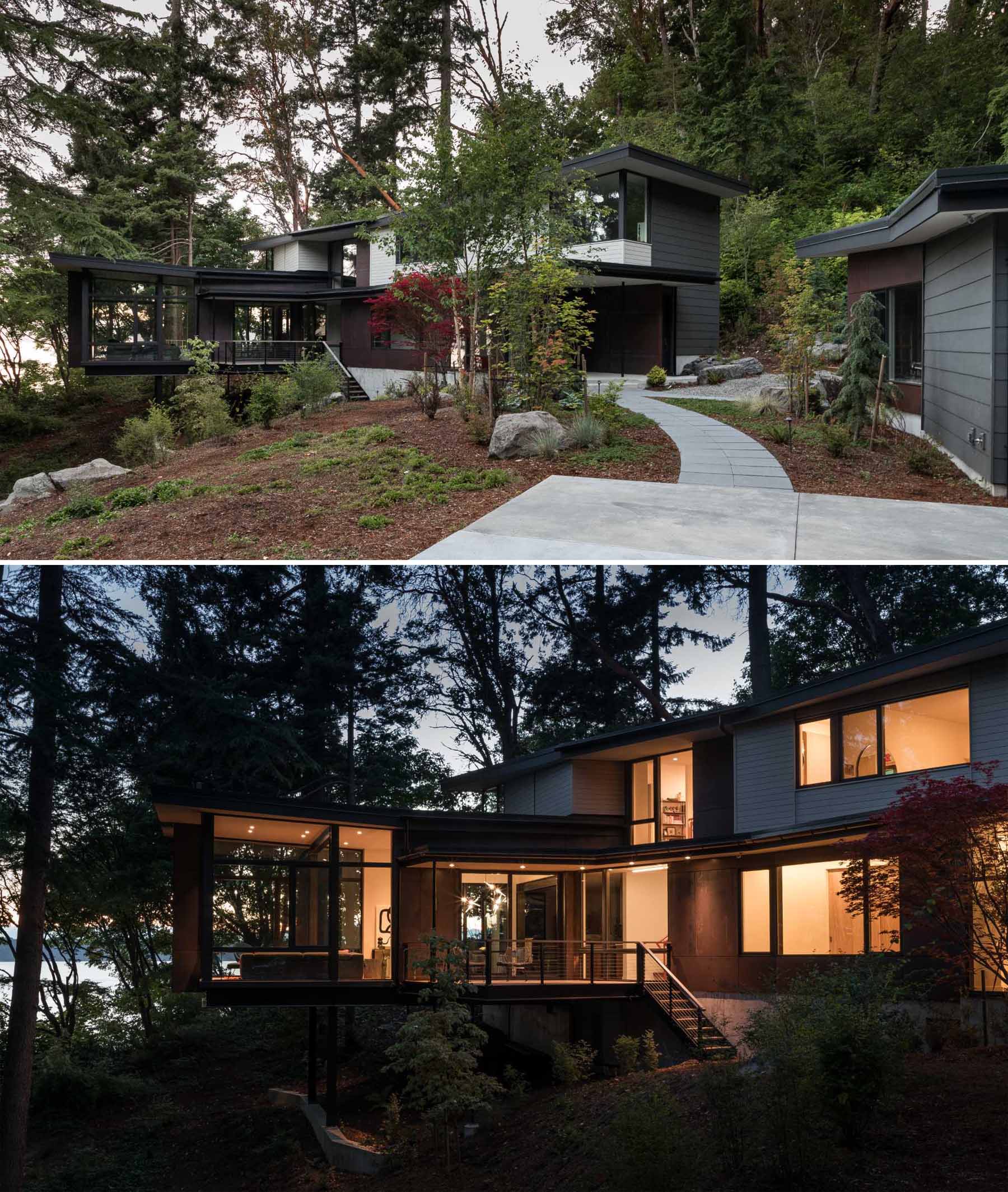 DeForest Architects has shared photos of a home they designed that follows the topography of the site, with some rooms tucked into the land and others floating above it.