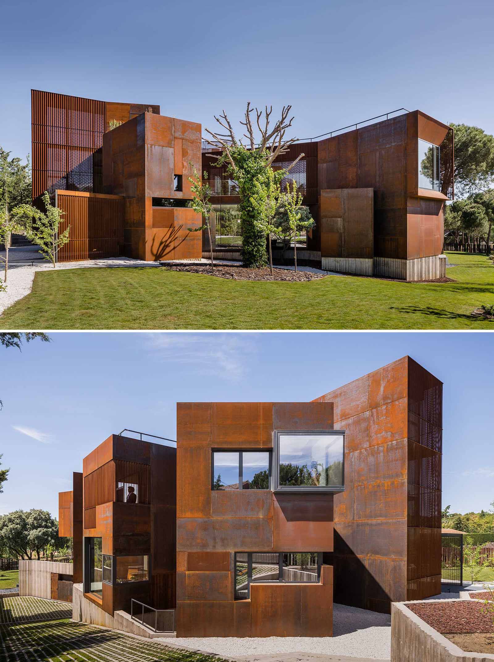 A modern house features large windows, cantilevered elements, and a weathered steel facade.