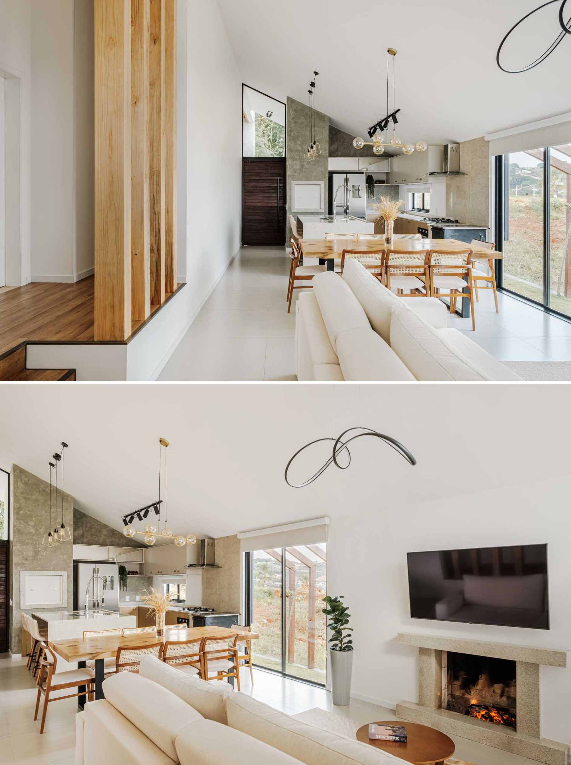 The palette of materials chosen in this modern open-plan interior, unites wood, linen, and burnt cement, which are all enhanced by the white walls and ceiling.