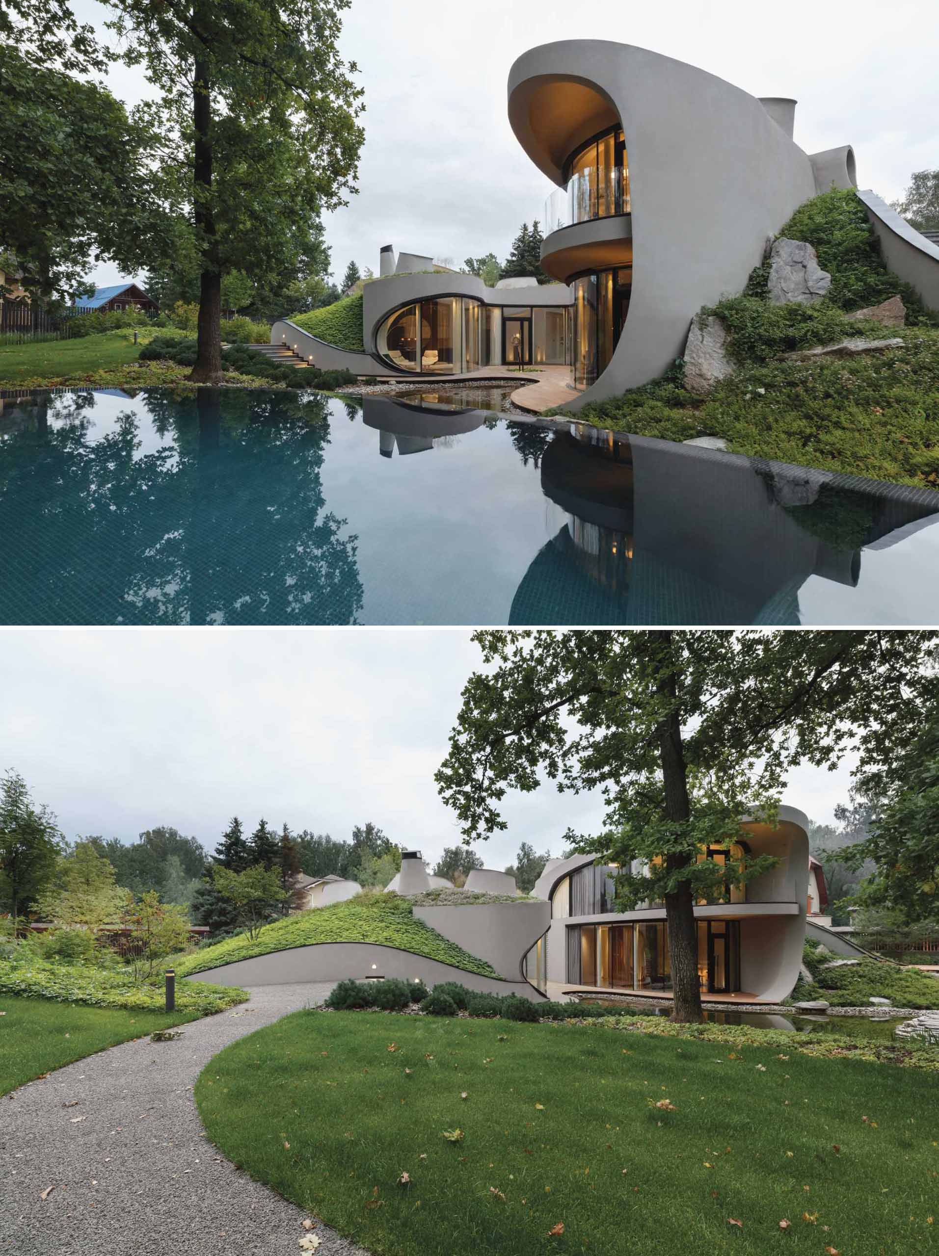 A modern sculptural home with curves that's been built into an artificially created landscape.