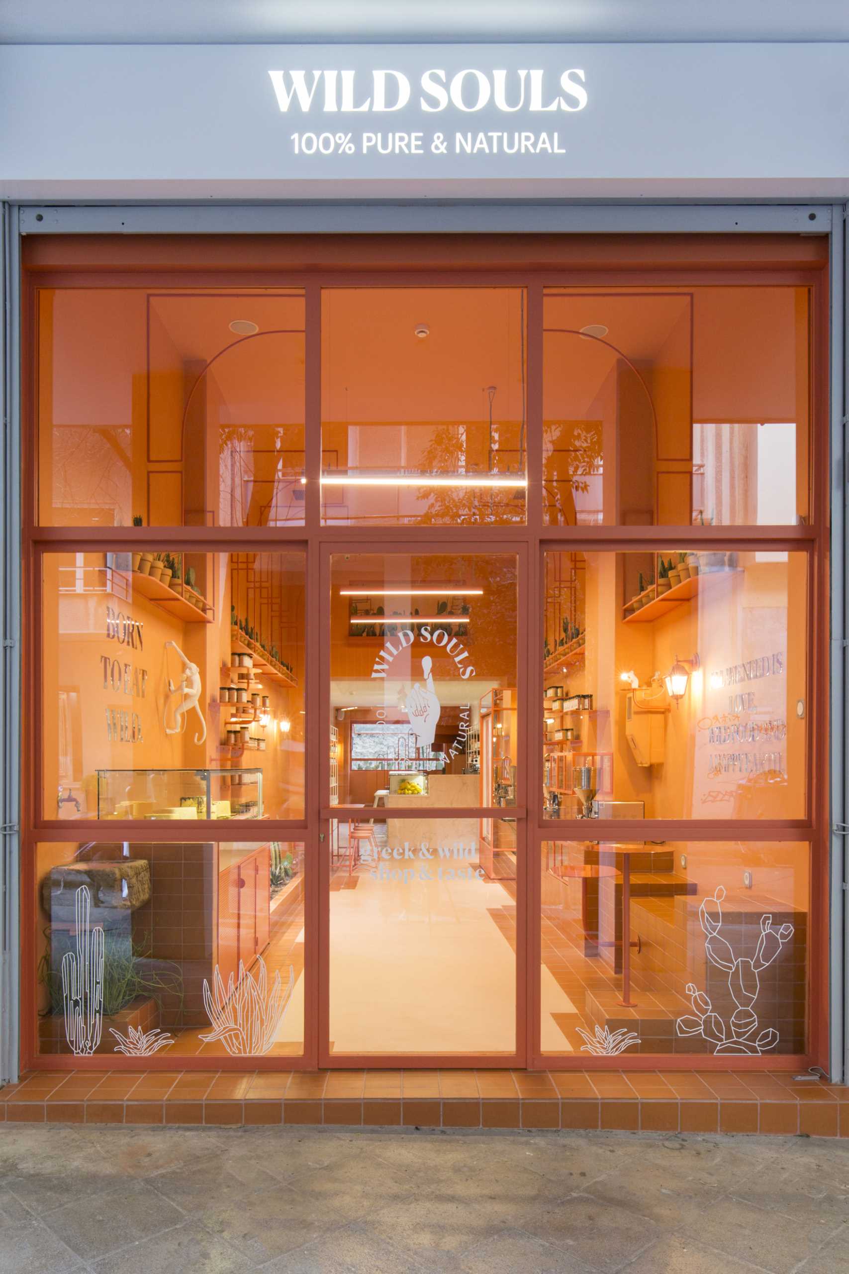 A modern retail store with a monochromatic terracotta interior that also includes built-in planters for cacti.