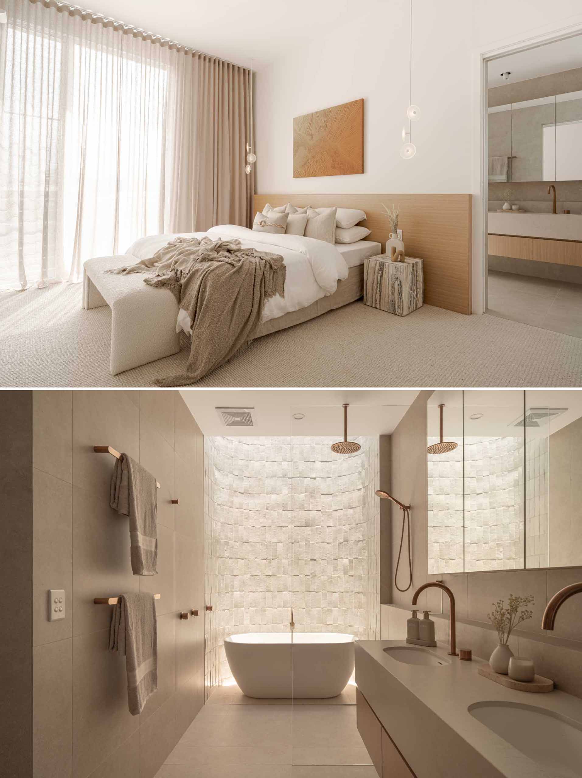 This contemporary primary bedroom features a wood headboard, while in the ensuite bathroom, sunlight cascades through the sky window, illuminating the uneven textures of the handmade Moroccan bejmat tiles, often evoking strong emotional reactions amongst visitors.