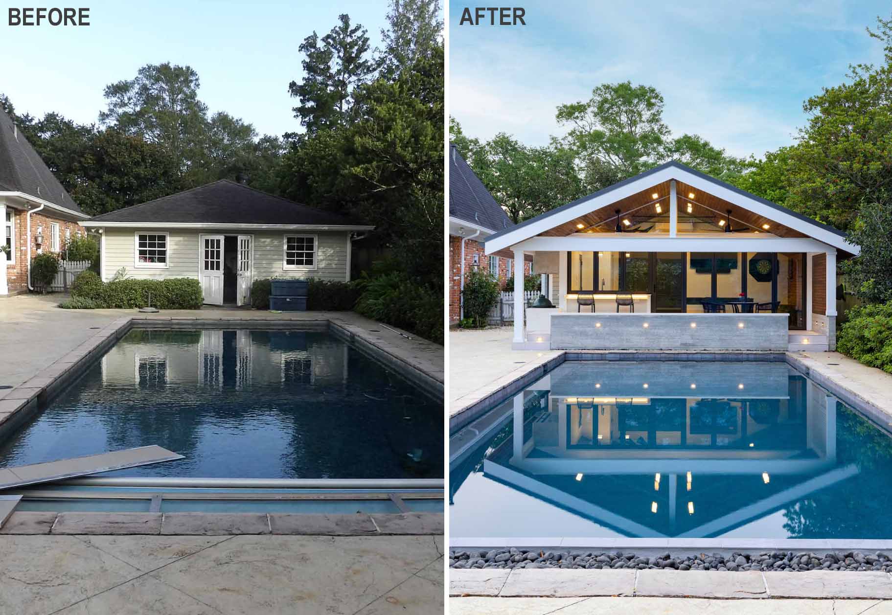 A garage was transformed into a modern pool house with a bar and covered seating.