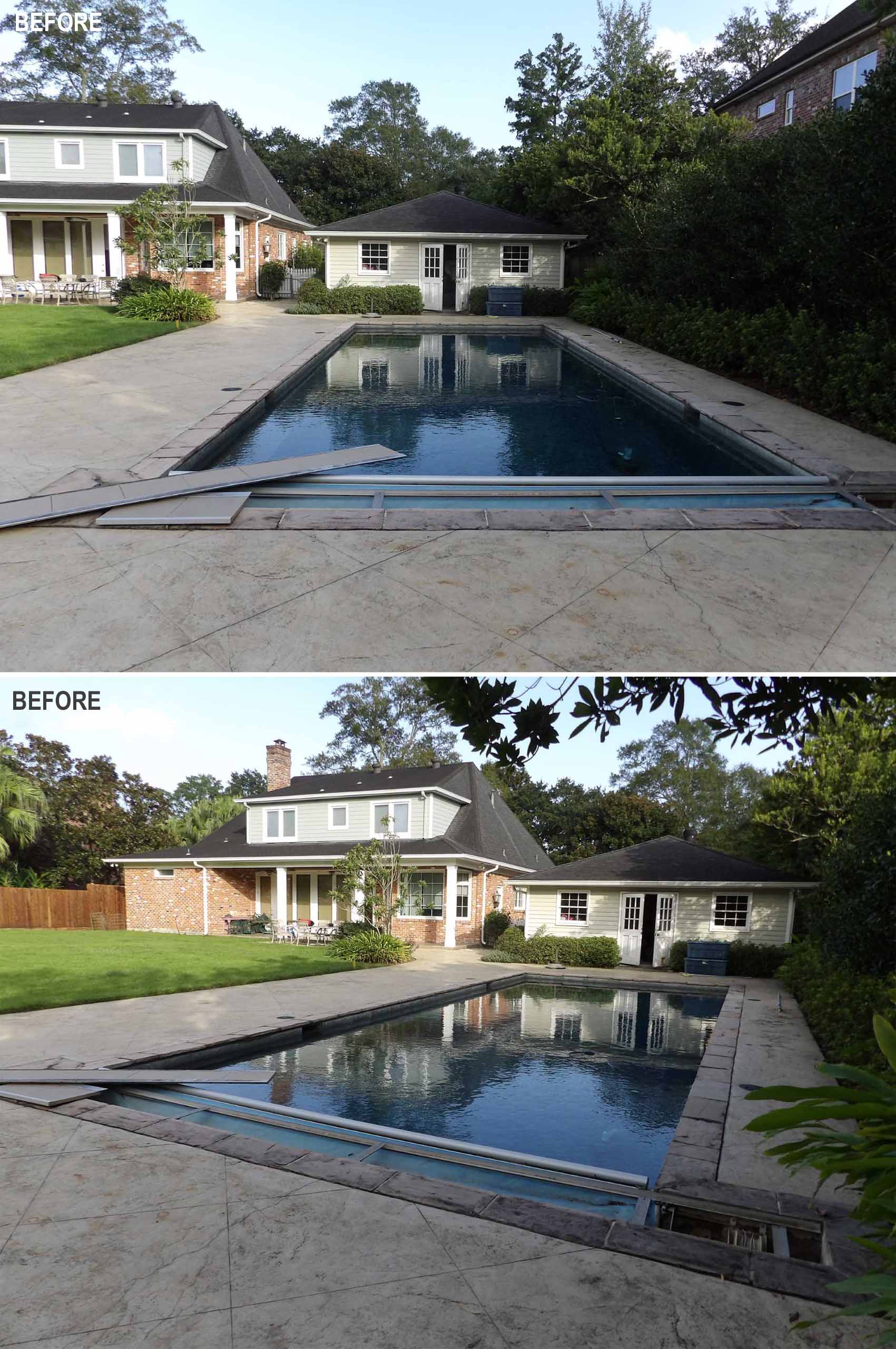 BEFORE - A garage was transformed into a modern pool house with a bar and covered seating.