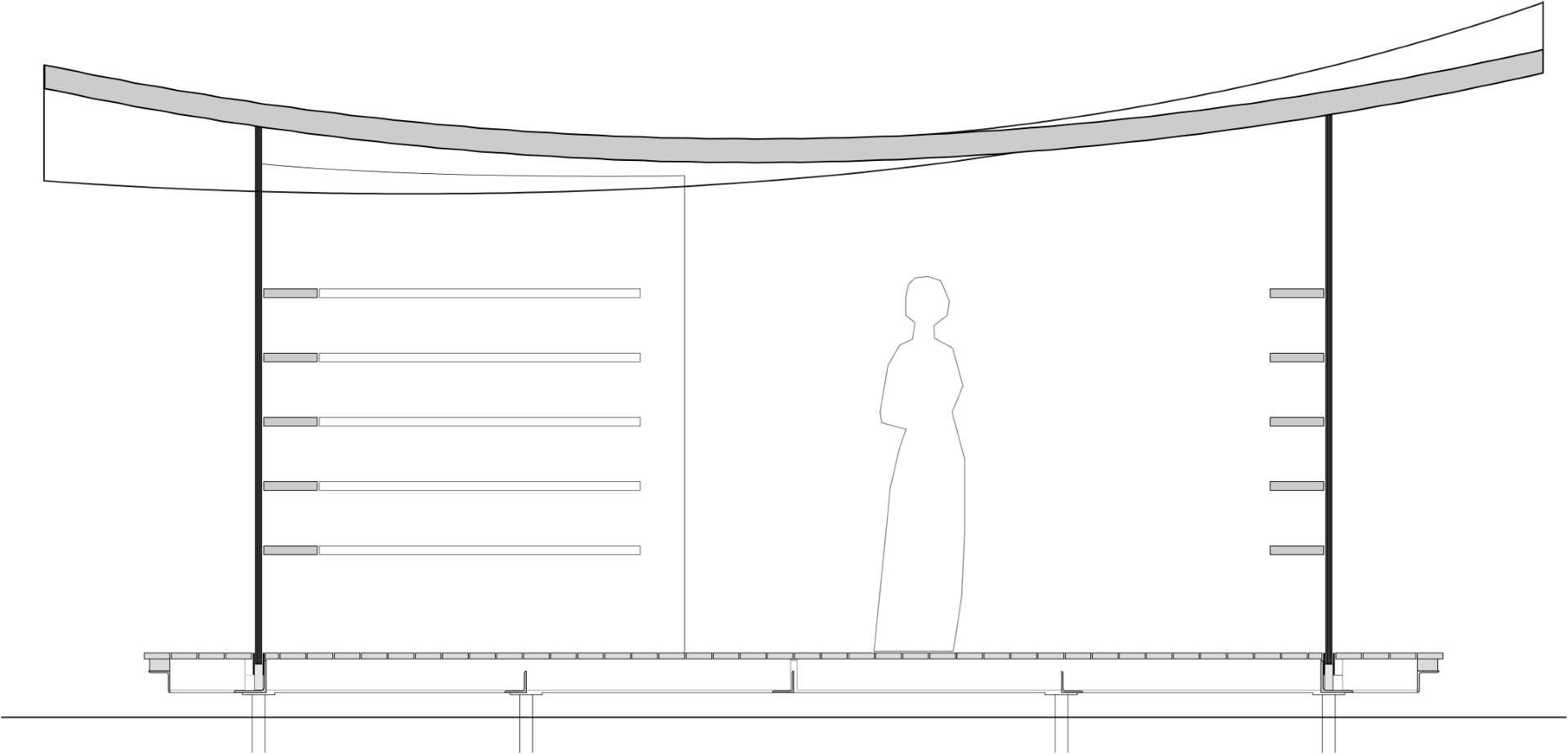Architectural drawings for a small public library with glass walls and a white roof that's inspired by a sheet of paper.