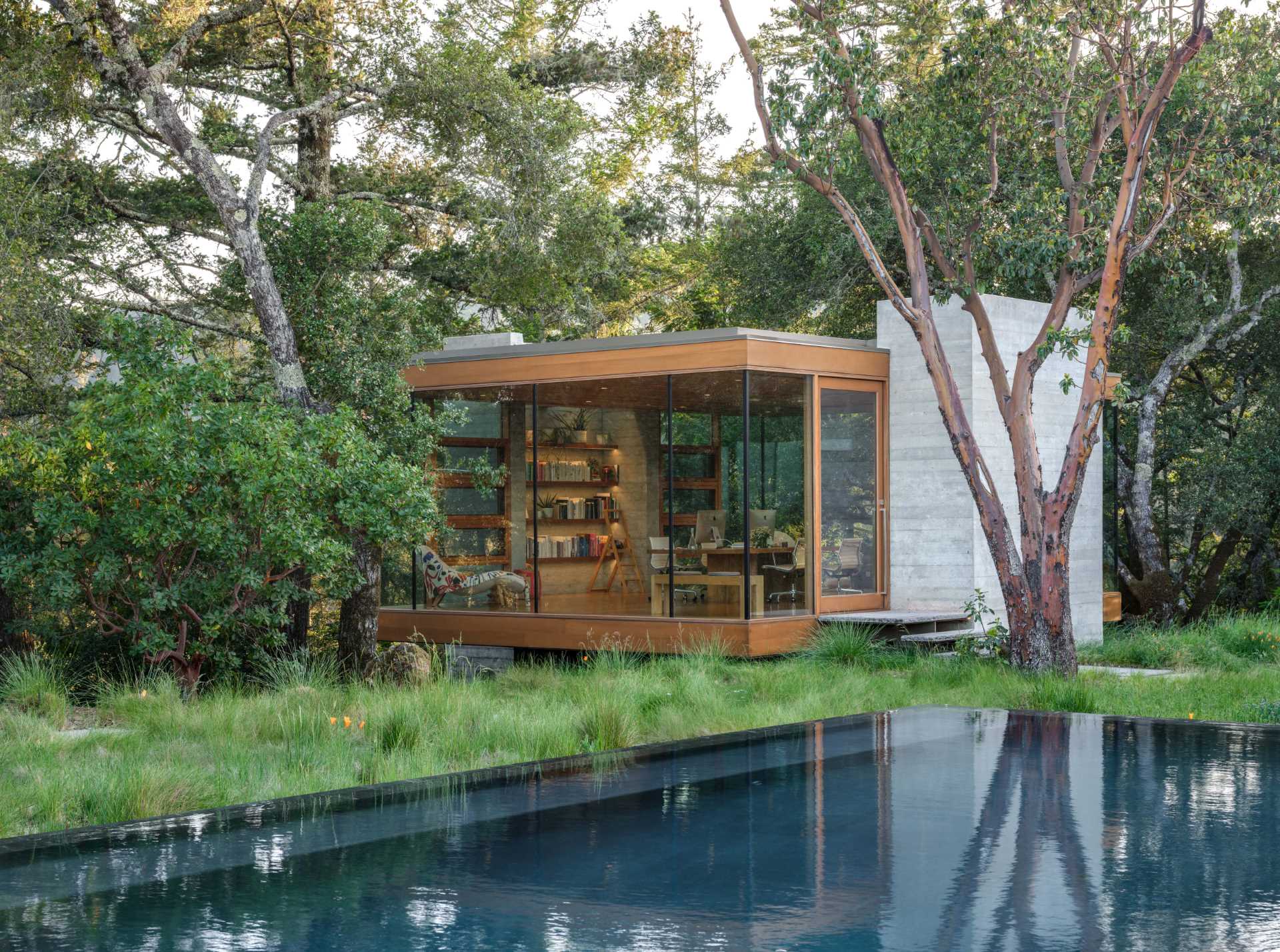 A wood-framed glass box is home to a backyard office.