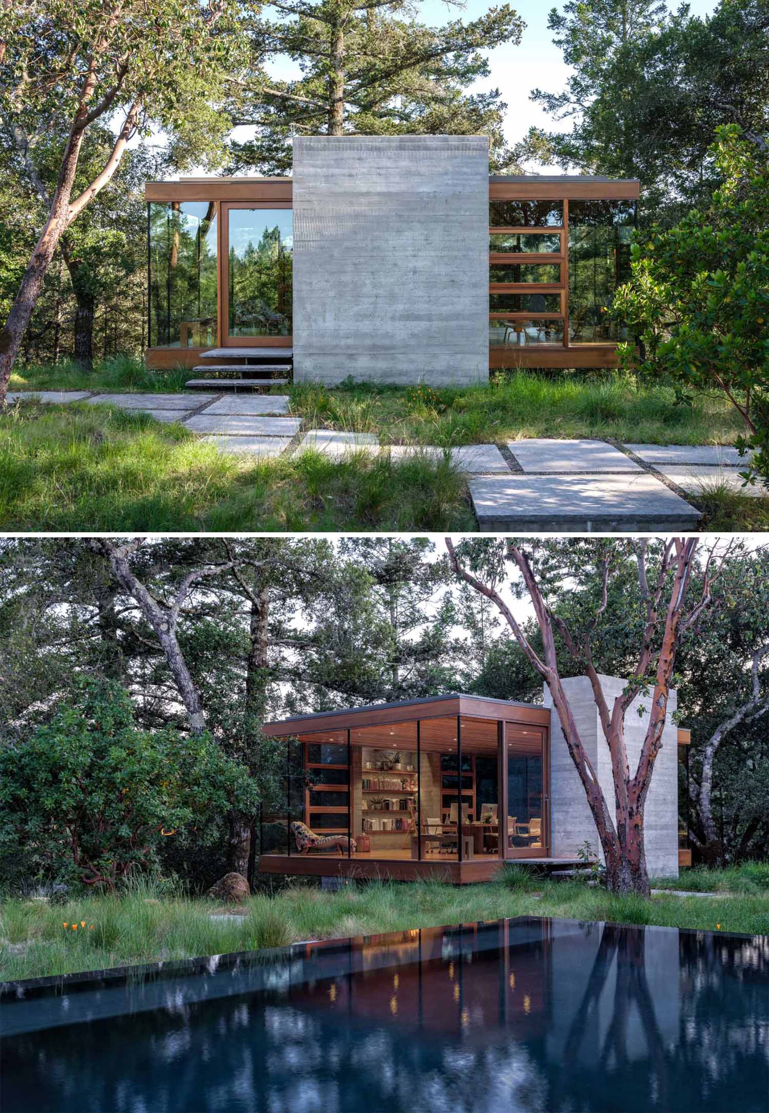 A wood-framed glass box is home to a backyard office.