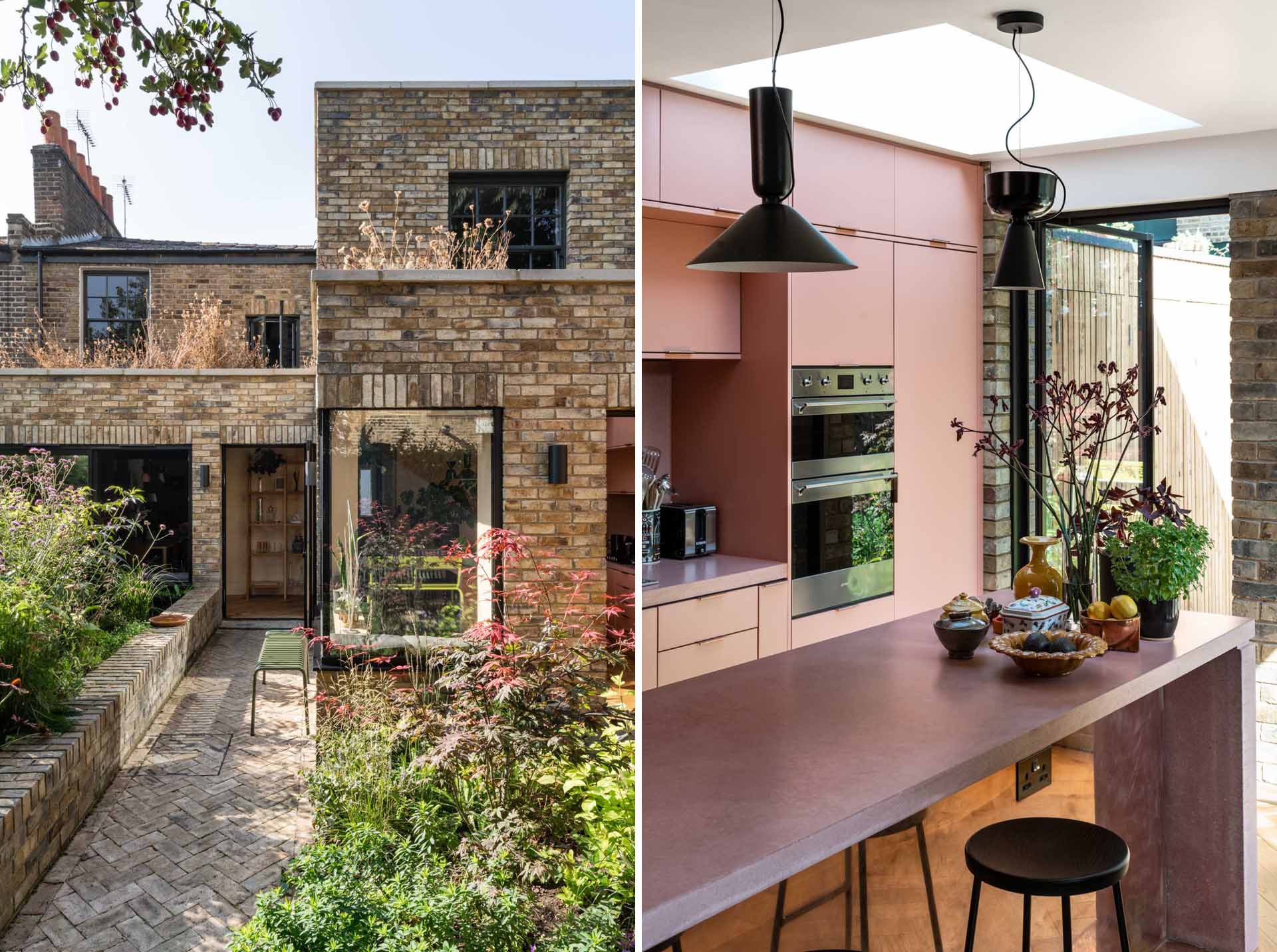 A brick home extension with a blush pink kitchen and window seats.