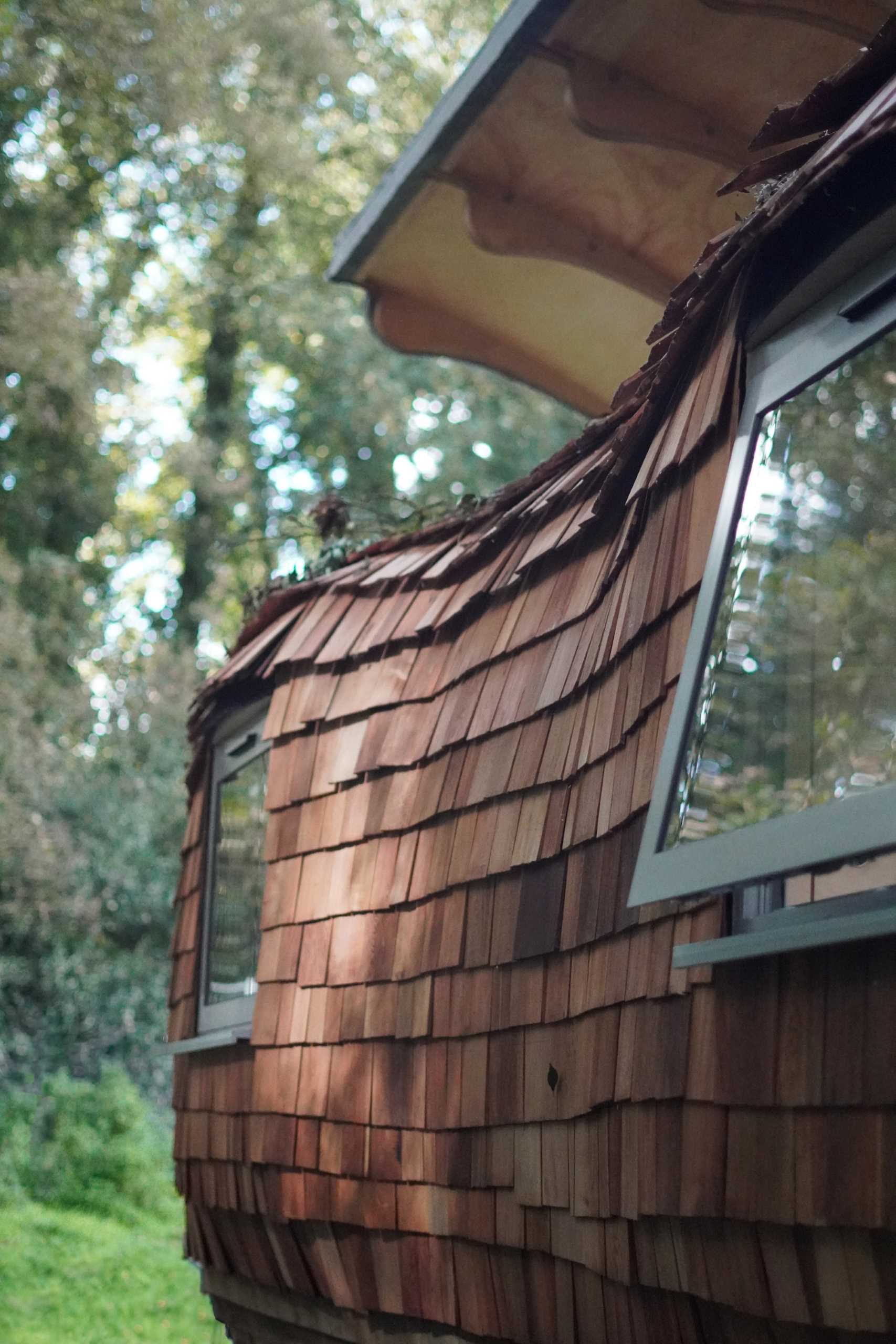 A small organically shaped cabin clad in wood shingles.