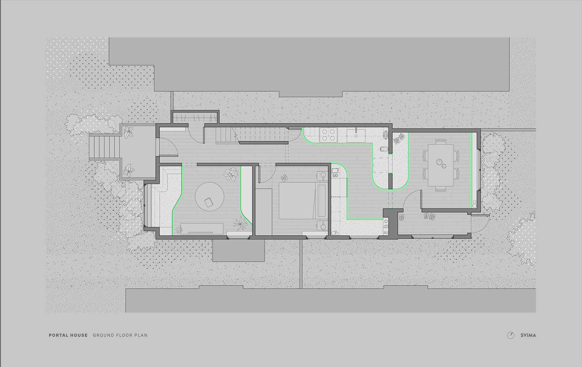 Architectural drawings of an updated kitchen, dining area, and living room.