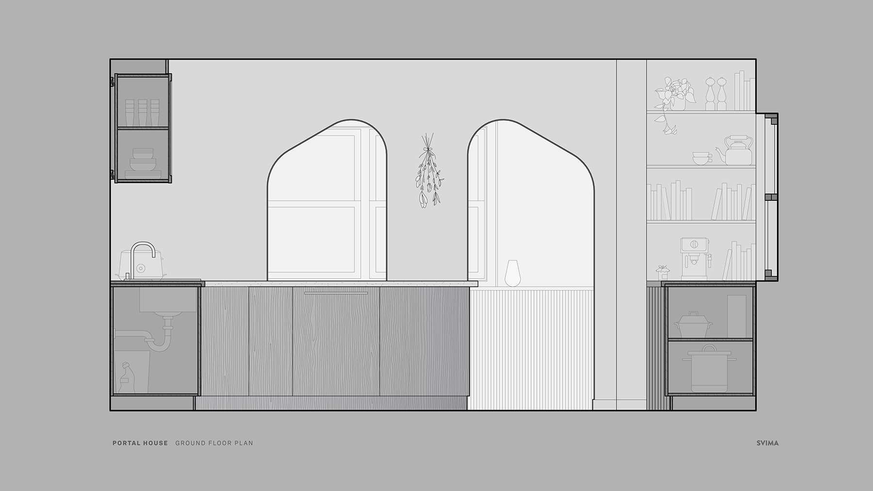 Architectural drawings of an updated kitchen, dining area, and living room.