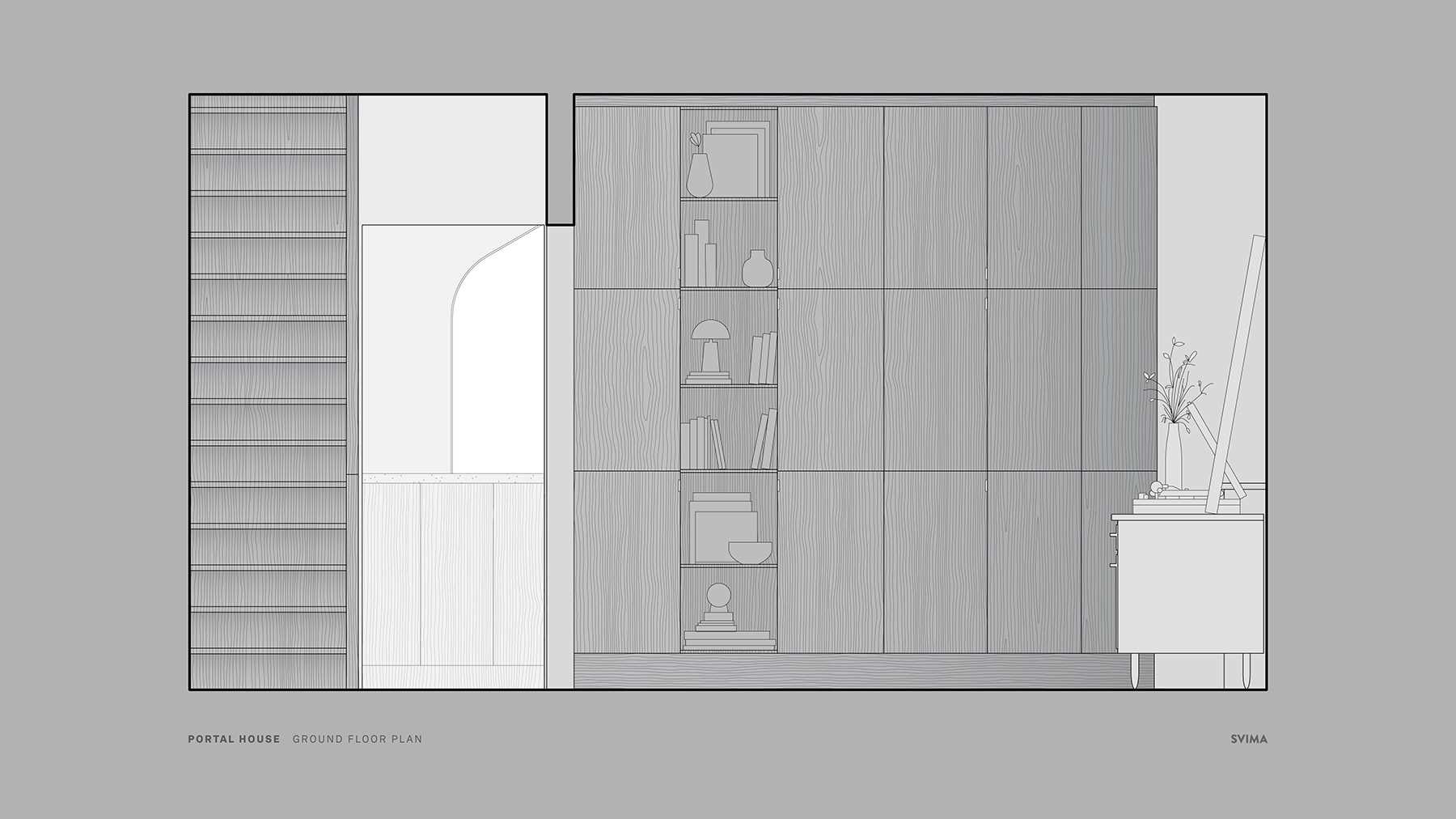 Architectural drawings of an updated kitchen, dining area, and living room.