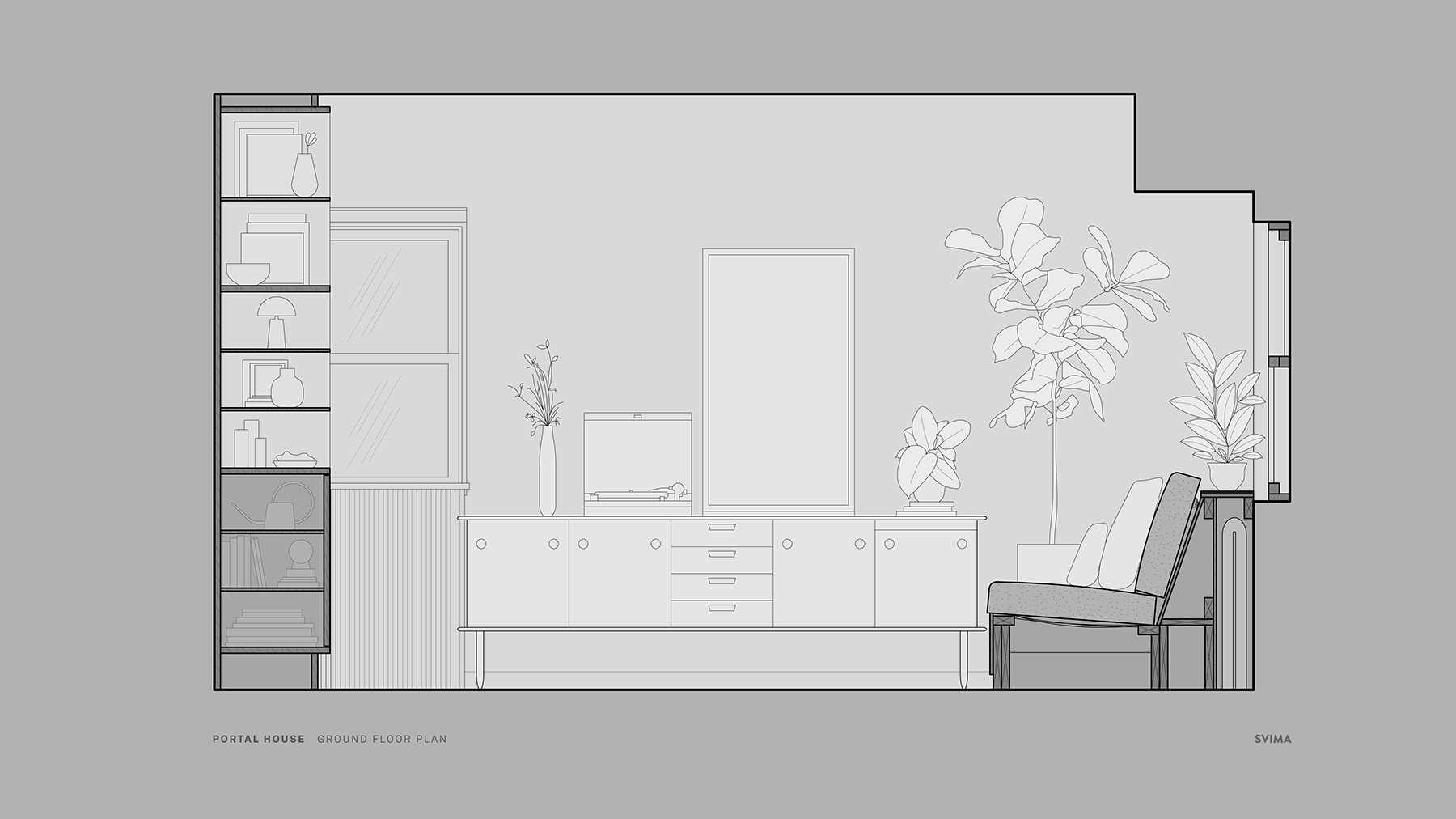 Architectural drawings of an updated kitchen, dining area, and living room.