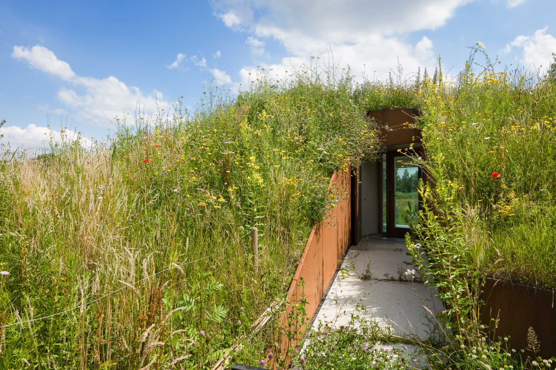 A weathered steel-lined entry between a hillside, that leads to a pivoting door.