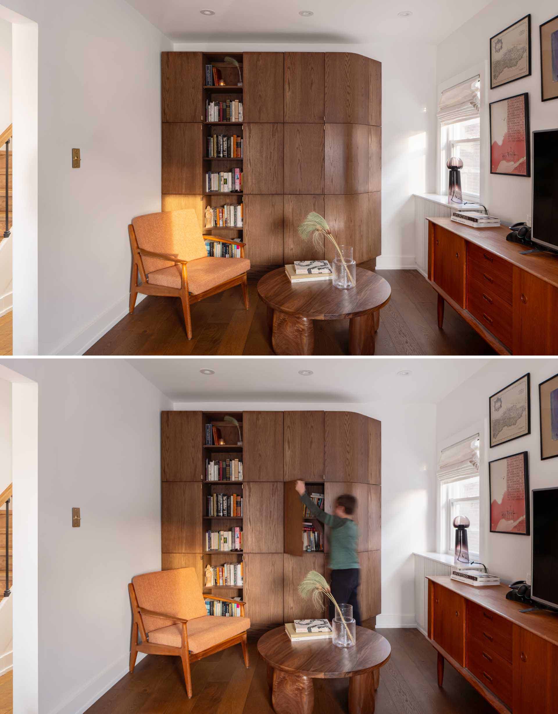 A curved wood cabinet and bookshelf allows the light from the window to ،ne through to the interior.