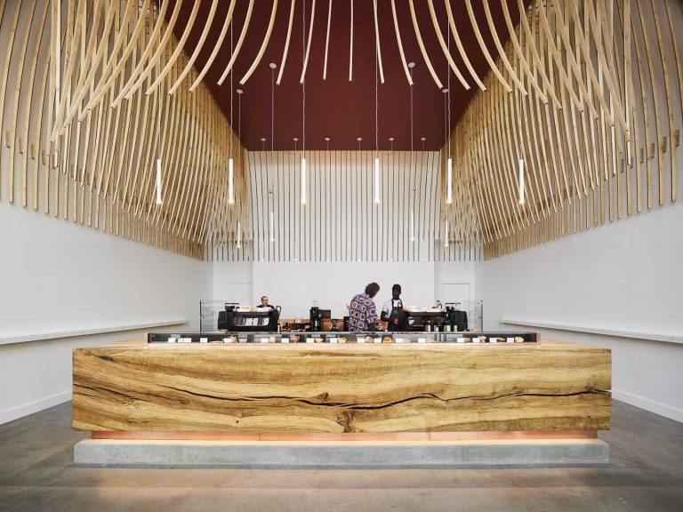 272 Wood Slats Were Used To Create A Sculptural Element Inside This New Coffee Bar