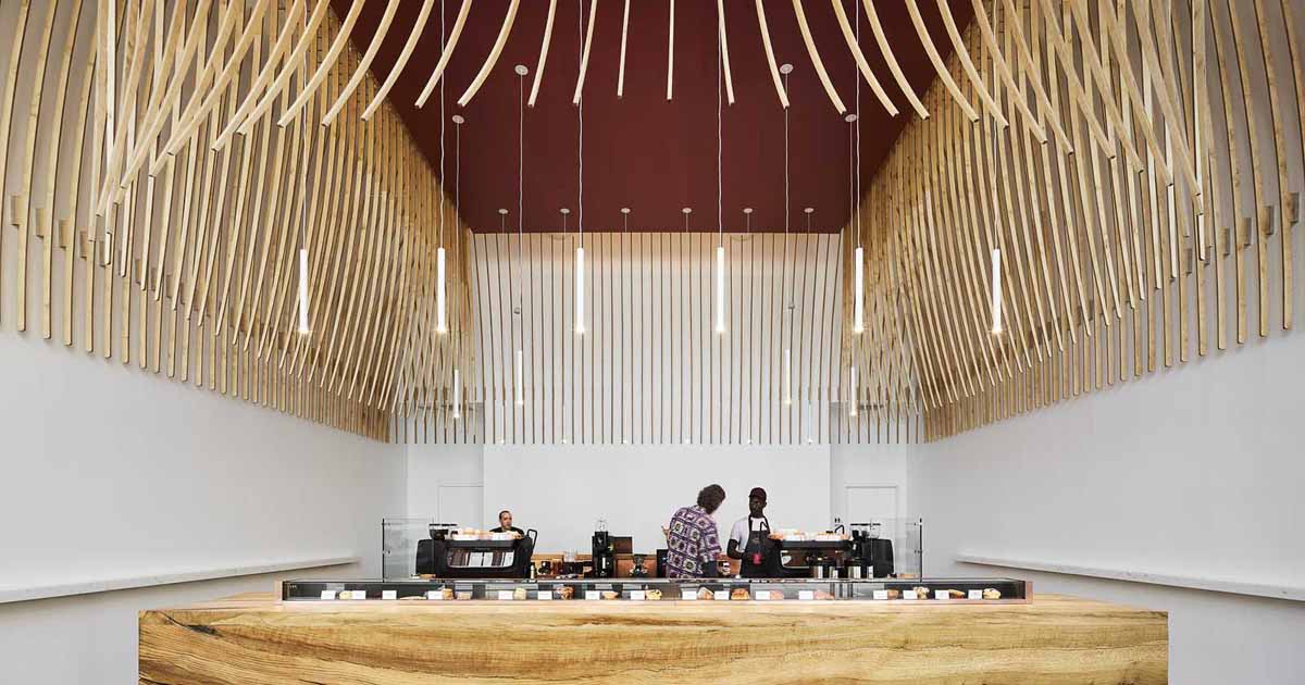 272 Wood Slats Were Used To Create A Sculptural Element Inside This New Coffee Bar