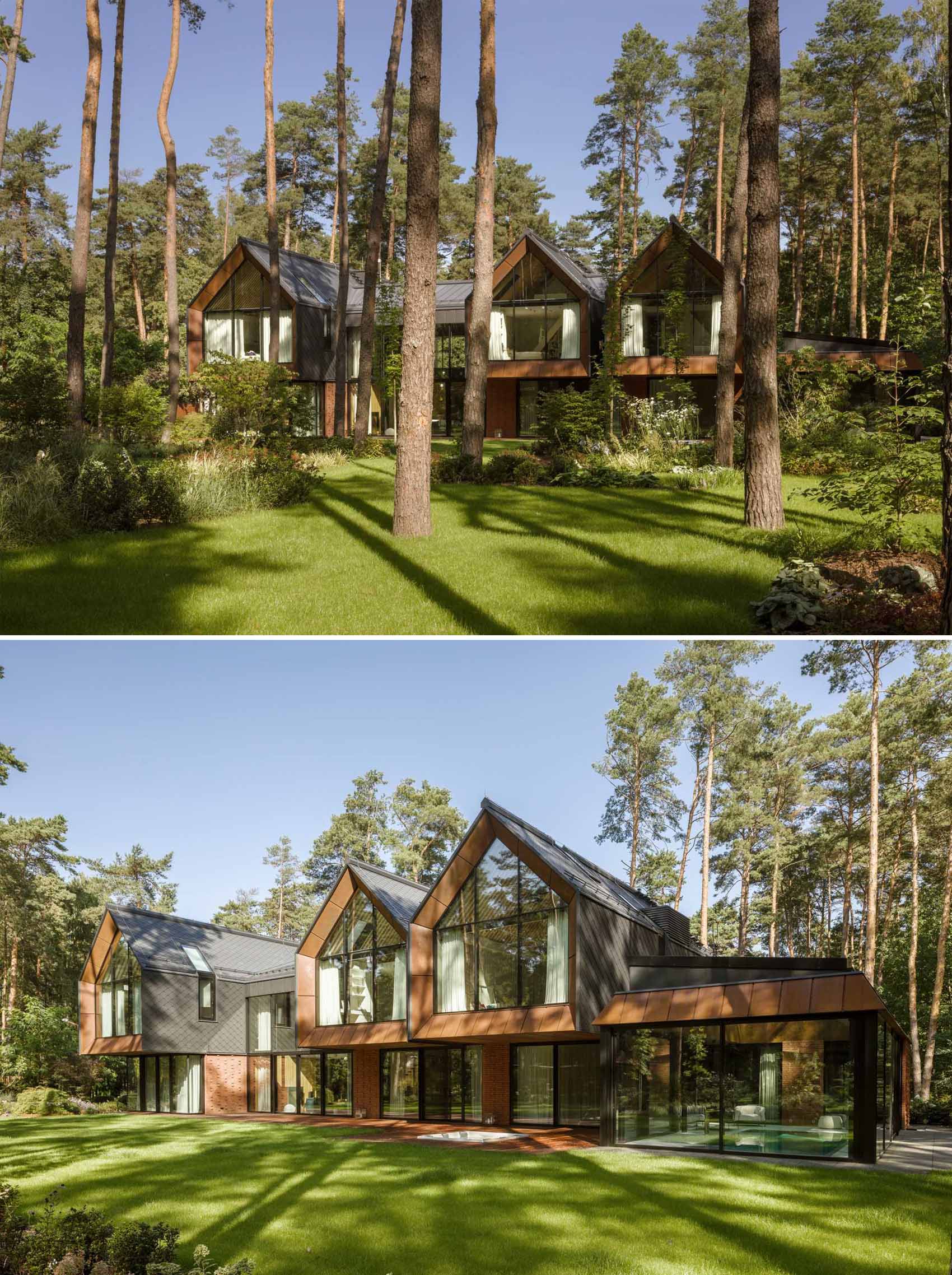 A modern home in the forest, features gabled forms, red brick, black-coated tiles, and an weathered steel on its exterior.