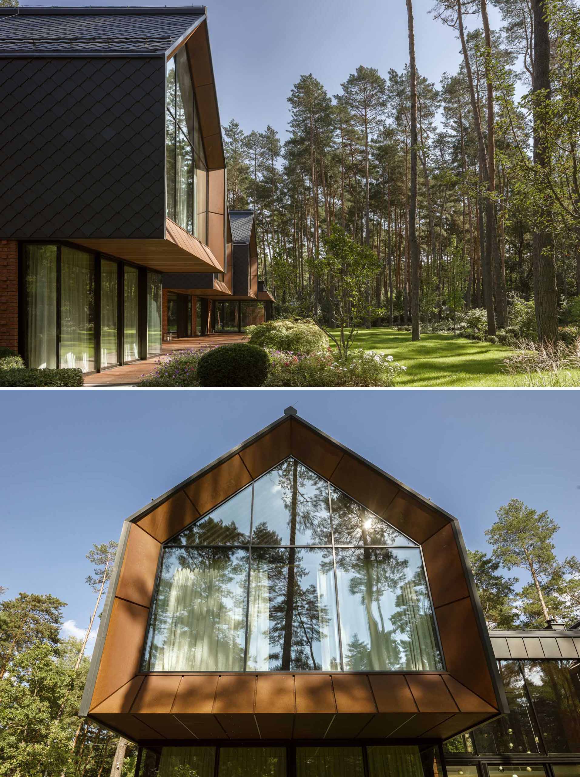 A modern home in the forest, features gabled forms, red brick, black-coated tiles, and an weathered steel on its exterior.