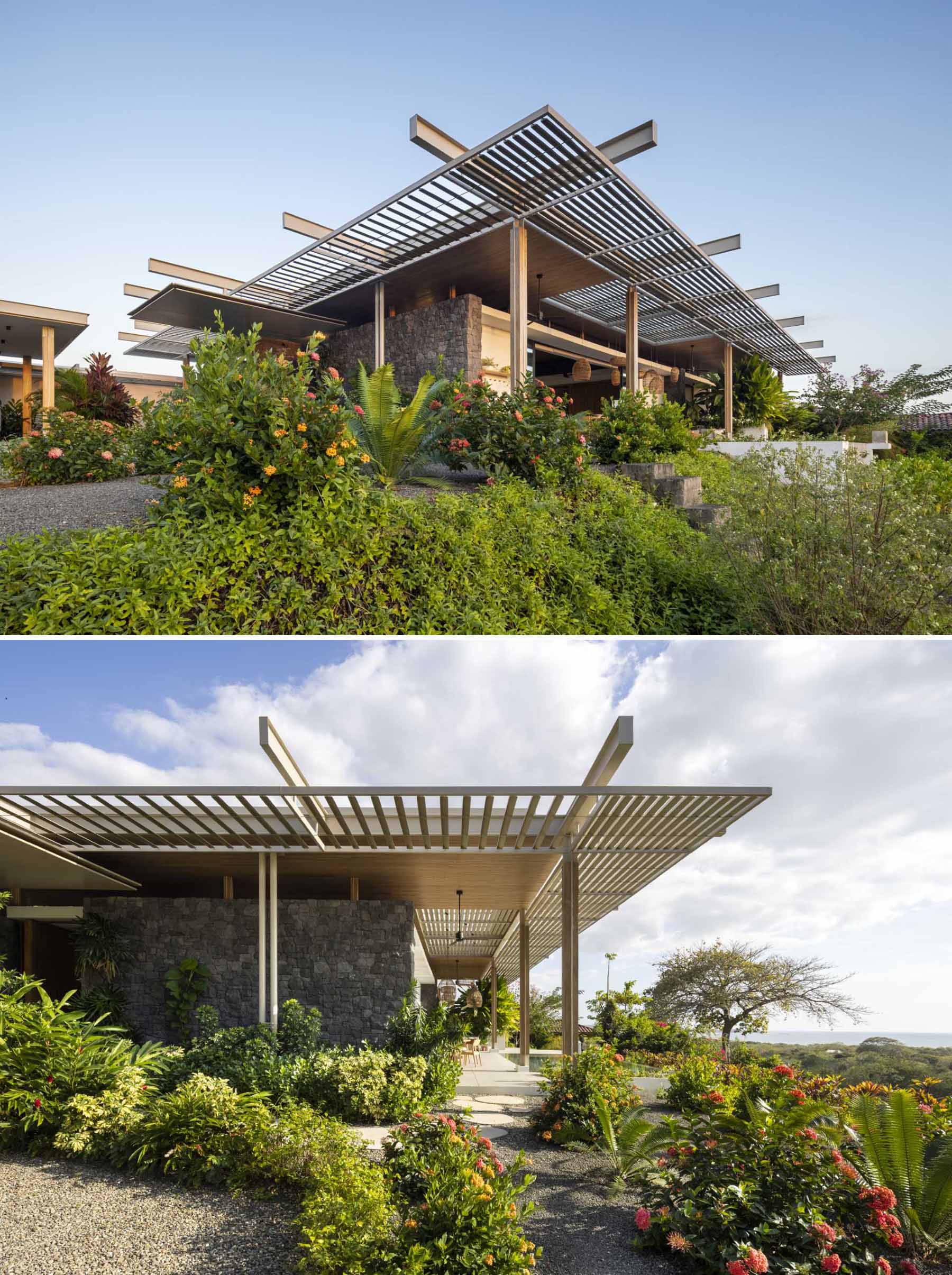 A modern home with a series of pergolas.