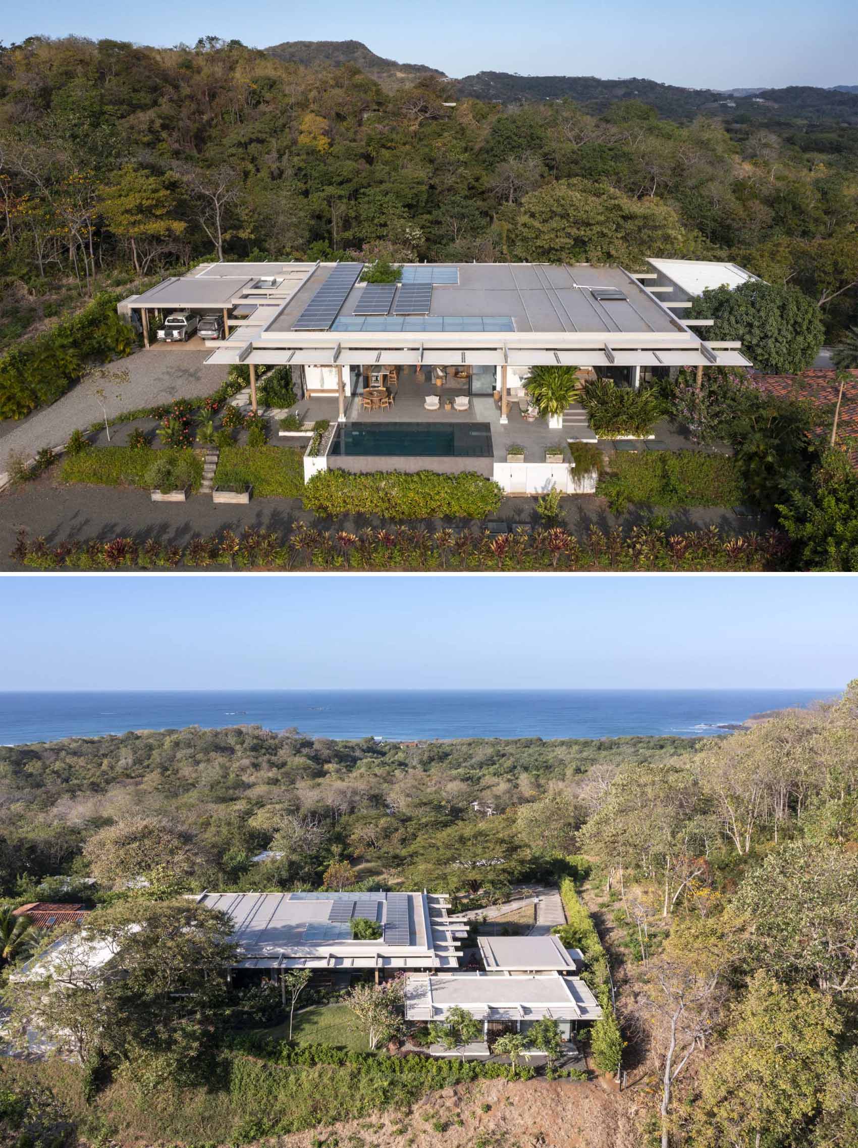 A modern home with a series of pergolas.