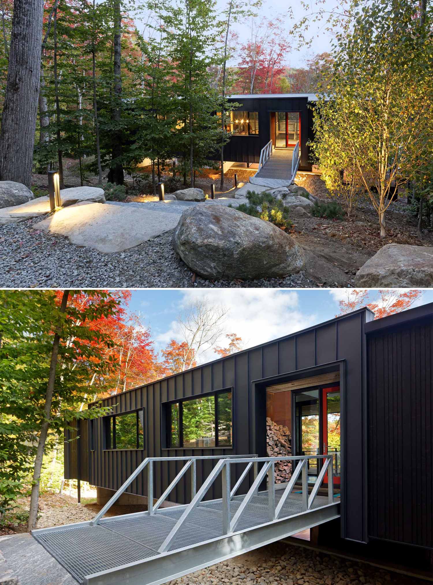 A galvanized steel bridge, which connects the granite slab steps of the hillside, brings you across to the generous glazed front doorway, while the dark exterior material palette allows the home to contrast the lively colors of the forest.