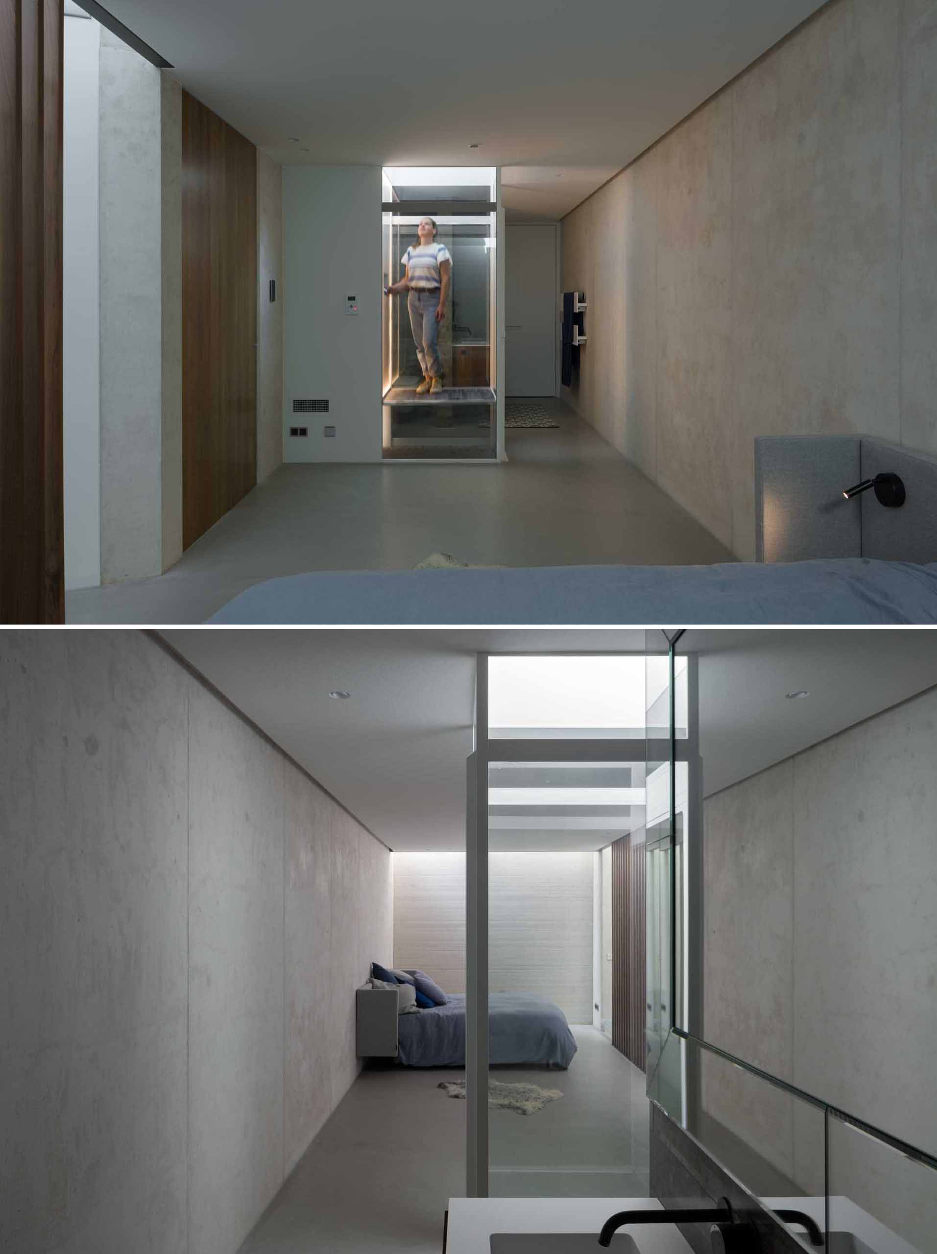 In addition to the stairs, there's also a glass lift that connects all of the levels of the home, like the lowest level which houses a bedroom and bathroom. It's six metres below the entry-level, making it feel like you are underground.