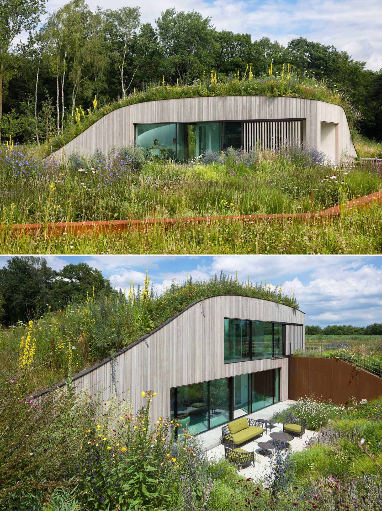 From this viewpoint, you can see the top of this modern home, but closer, you can see the lower section of the house and the outdoor patio.