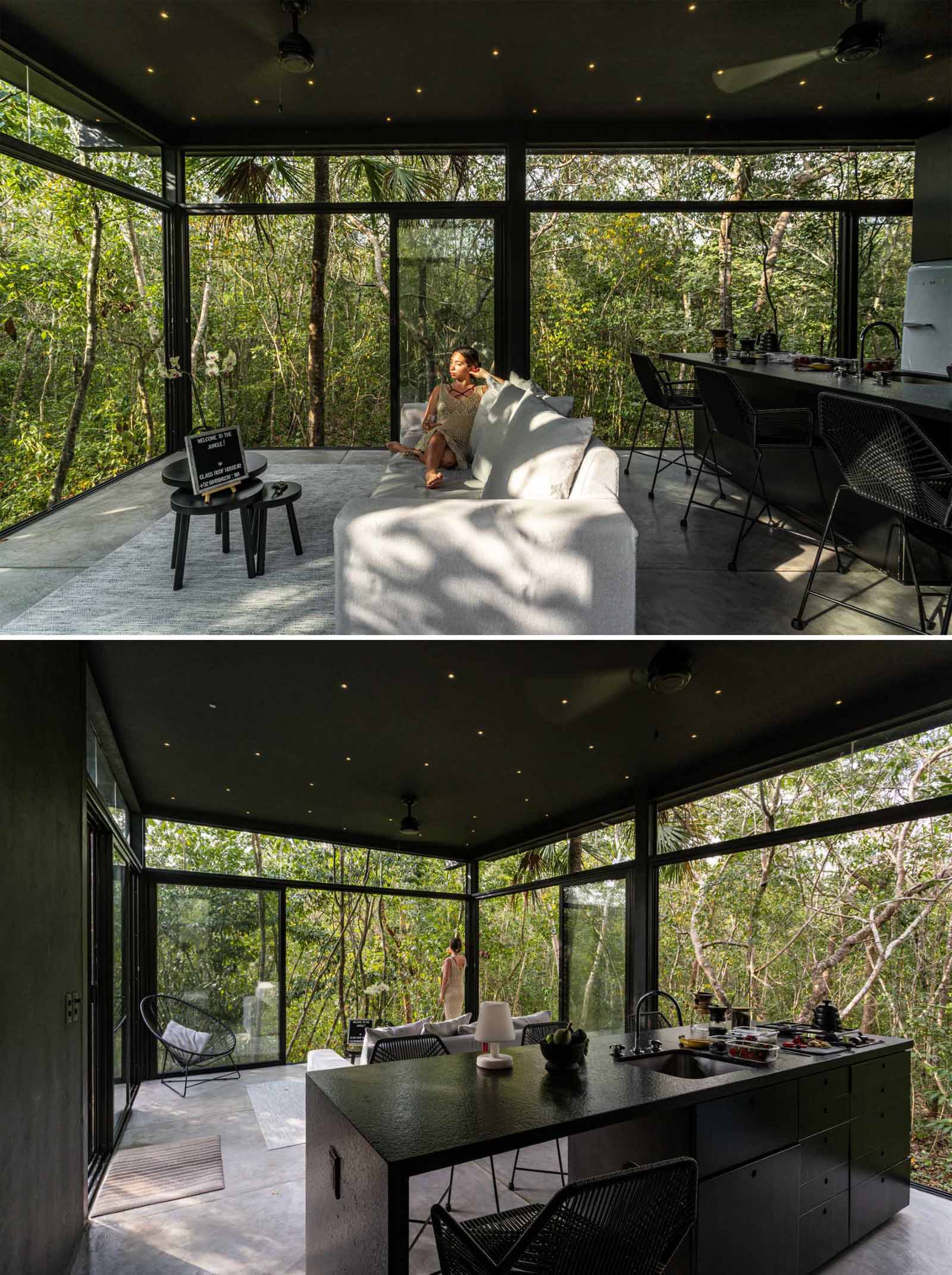 All spaces of these off-grid cabins fully open up to views of the lush flora and fauna of the Mayan jungle, facilitating cross ventilation from any point.